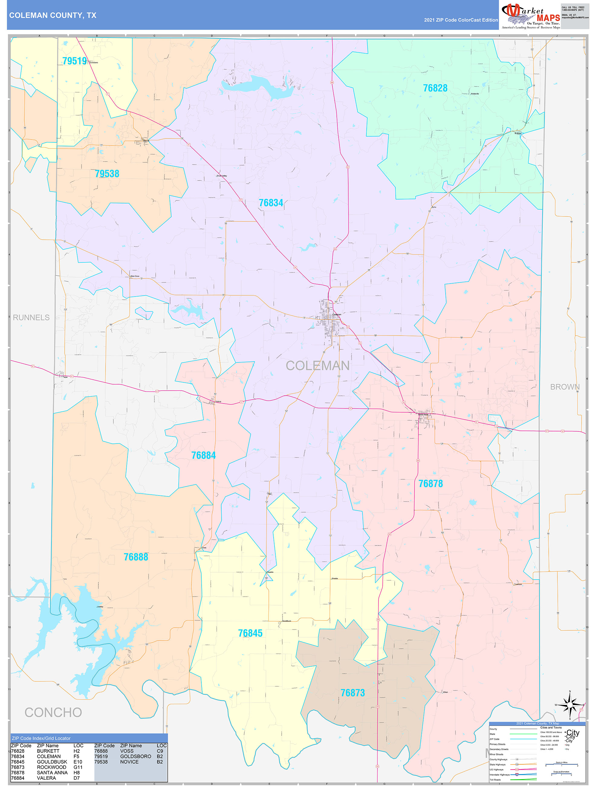 Coleman County, TX Wall Map Color Cast Style by MarketMAPS