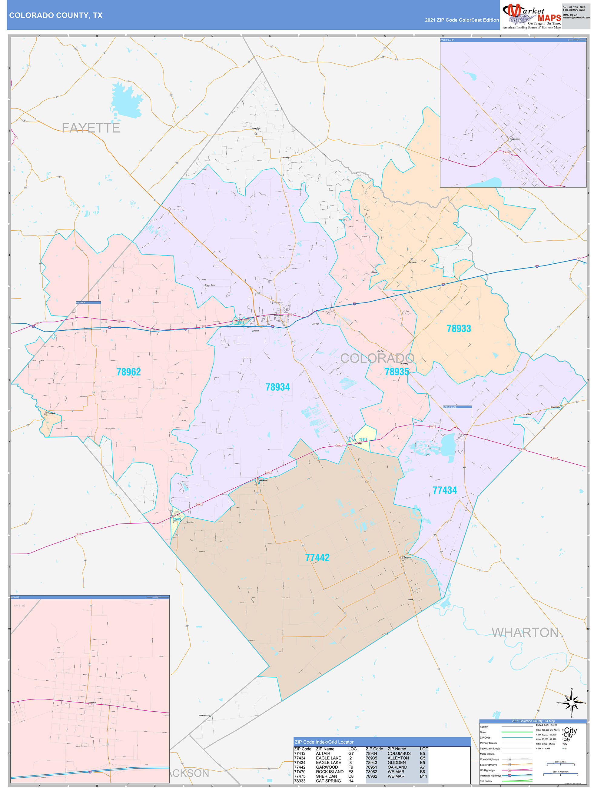 Colorado County, TX Wall Map Color Cast Style by MarketMAPS