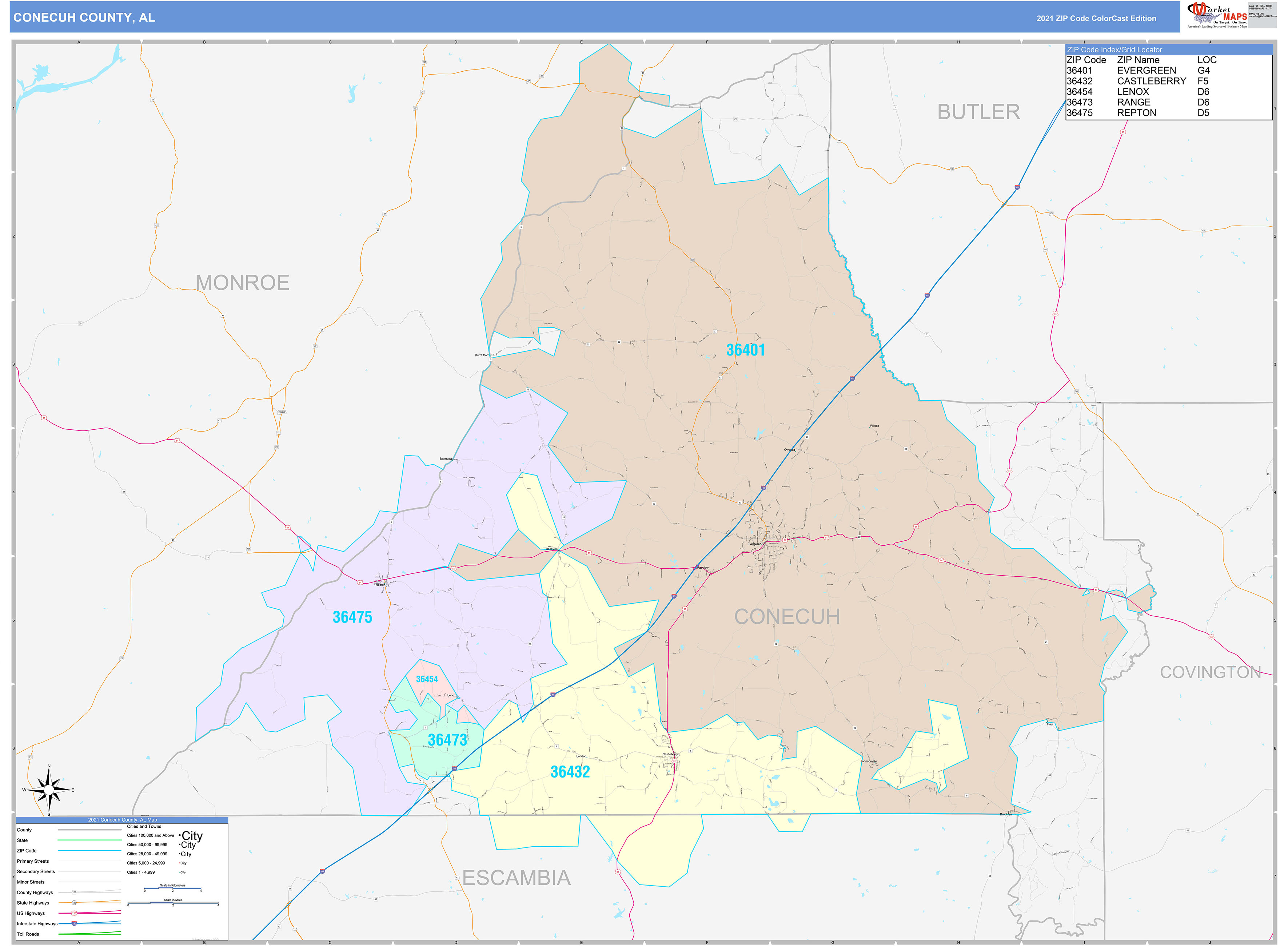 Conecuh County, AL Wall Map Color Cast Style by MarketMAPS
