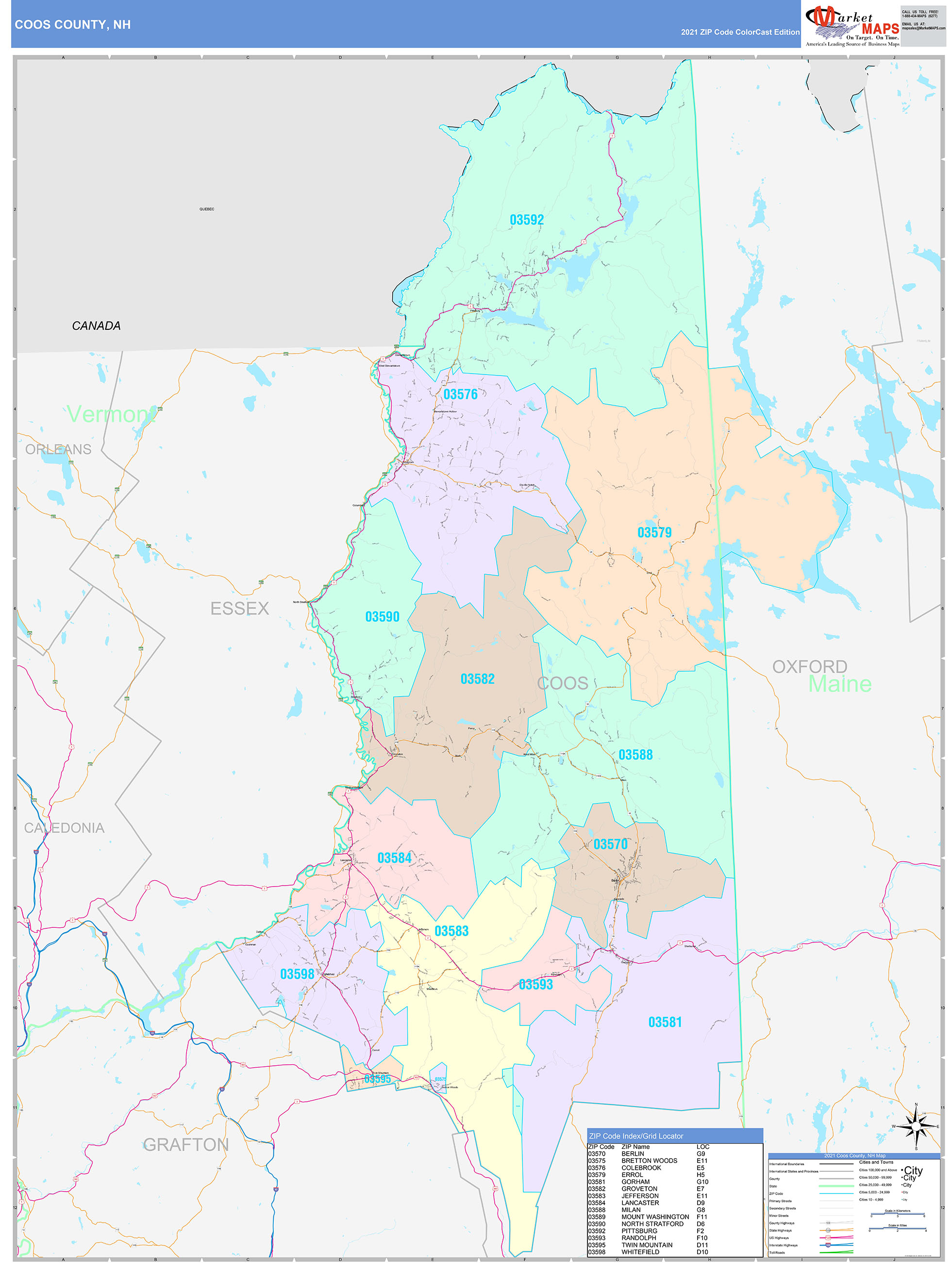 Coos County, NH Wall Map Color Cast Style by MarketMAPS