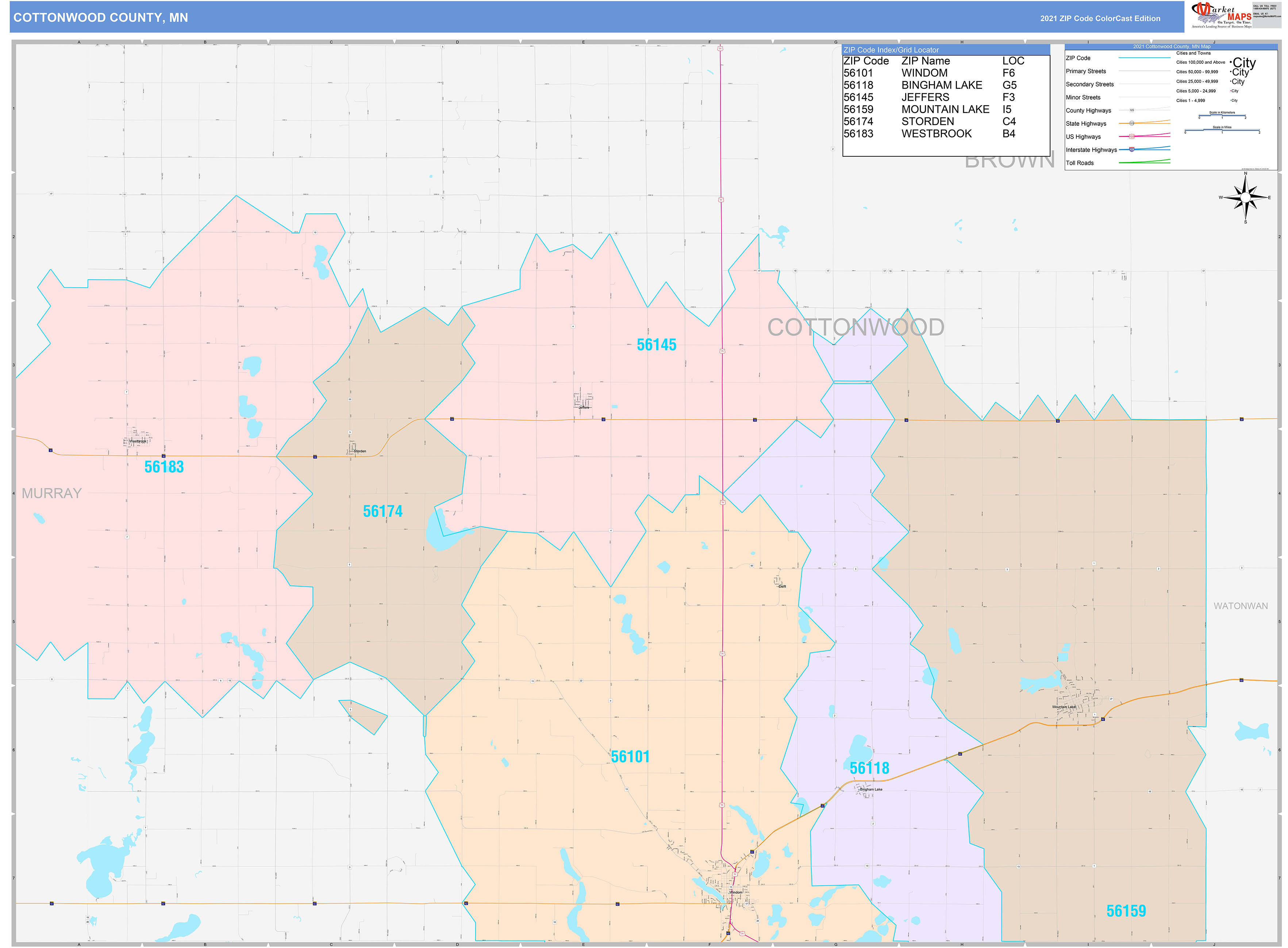 Cottonwood County, MN Wall Map Color Cast Style by MarketMAPS