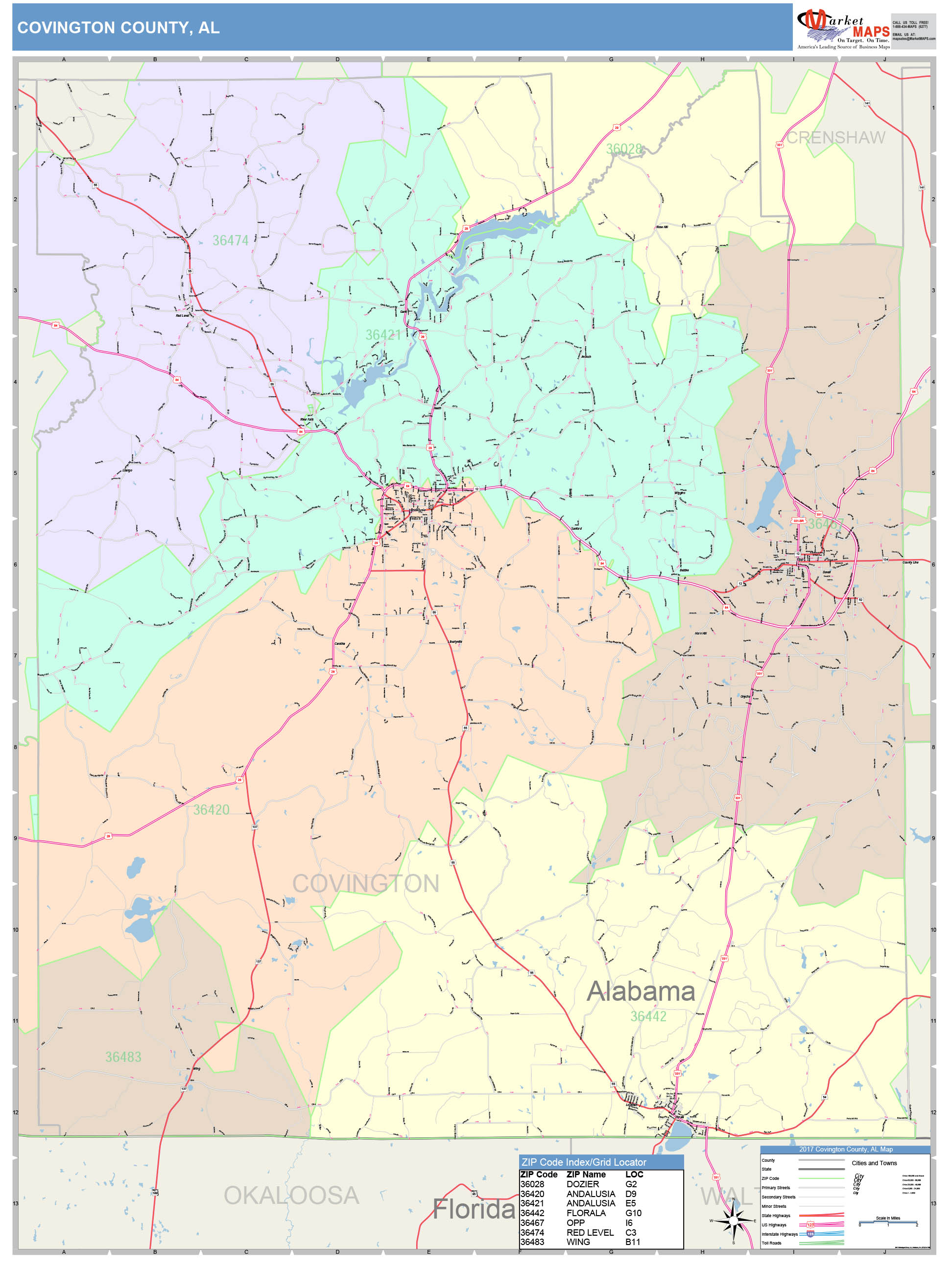 Covington County, AL Wall Map Color Cast Style by MarketMAPS
