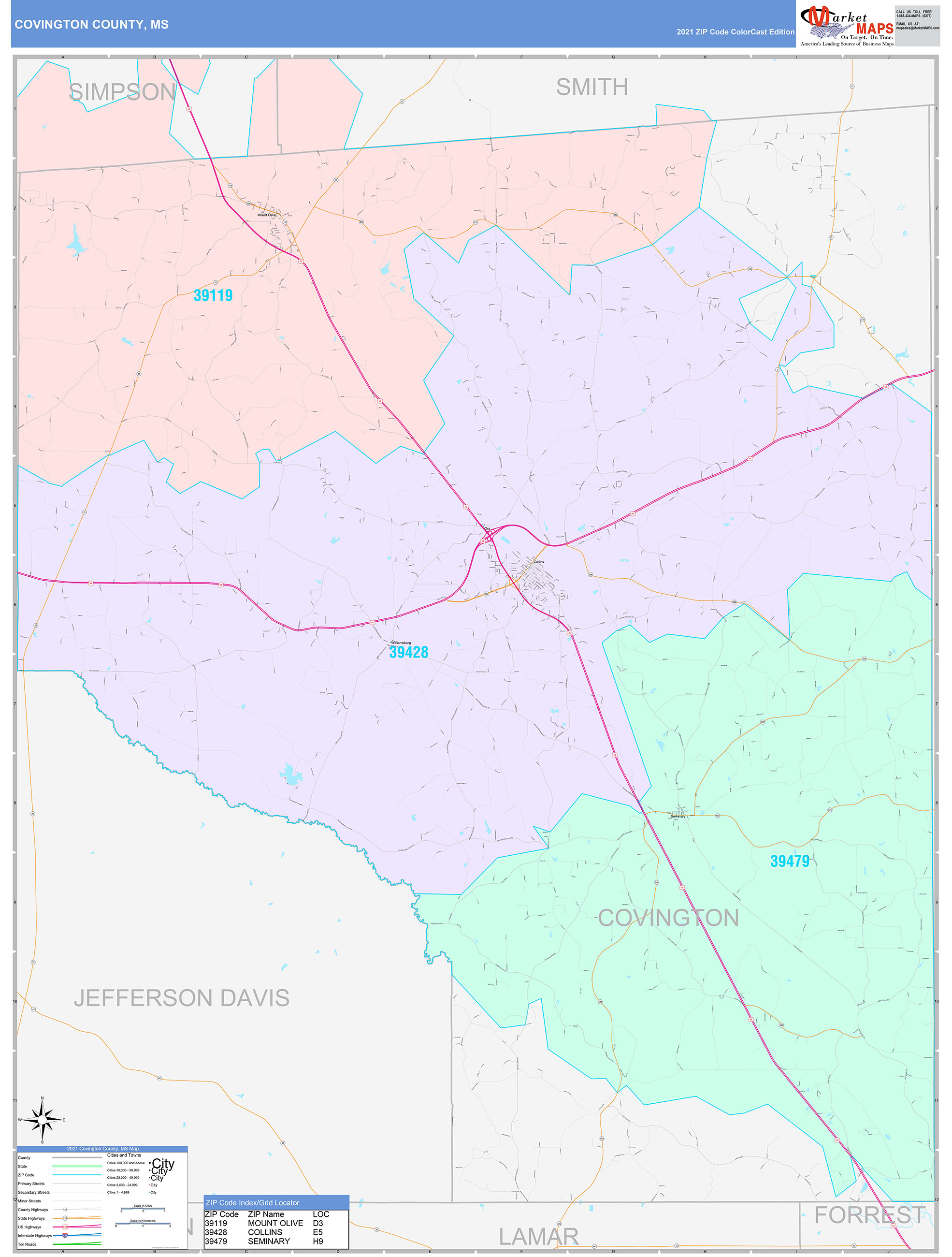Covington County, MS Wall Map Color Cast Style by MarketMAPS