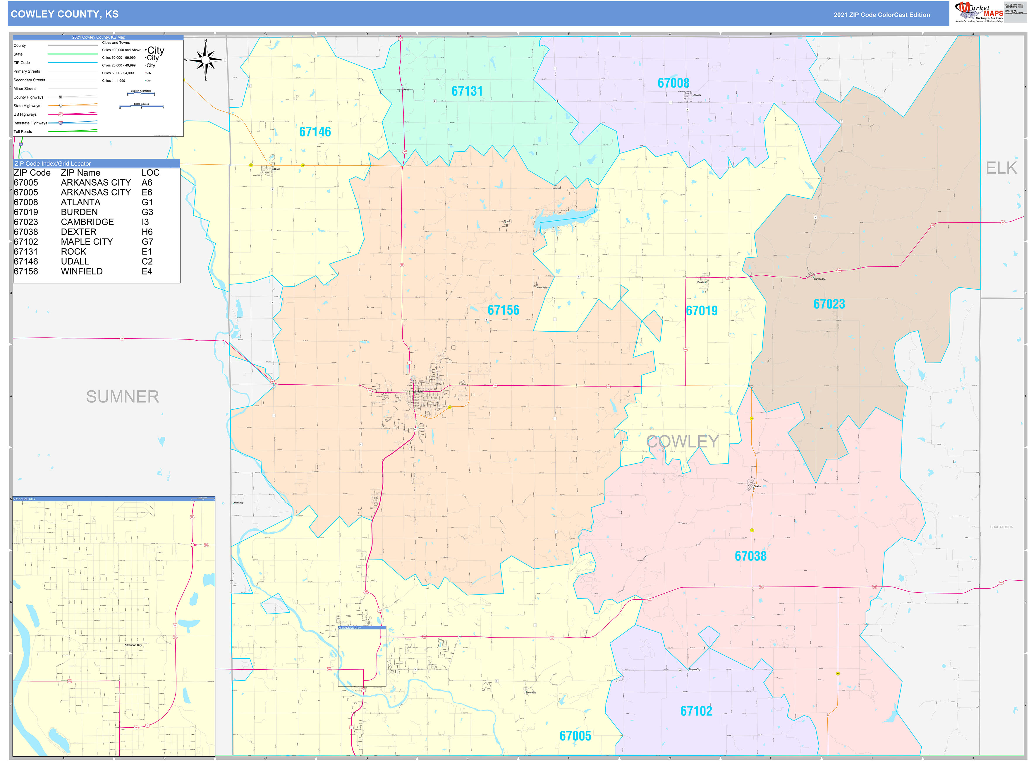 Cowley County, KS Wall Map Color Cast Style by MarketMAPS