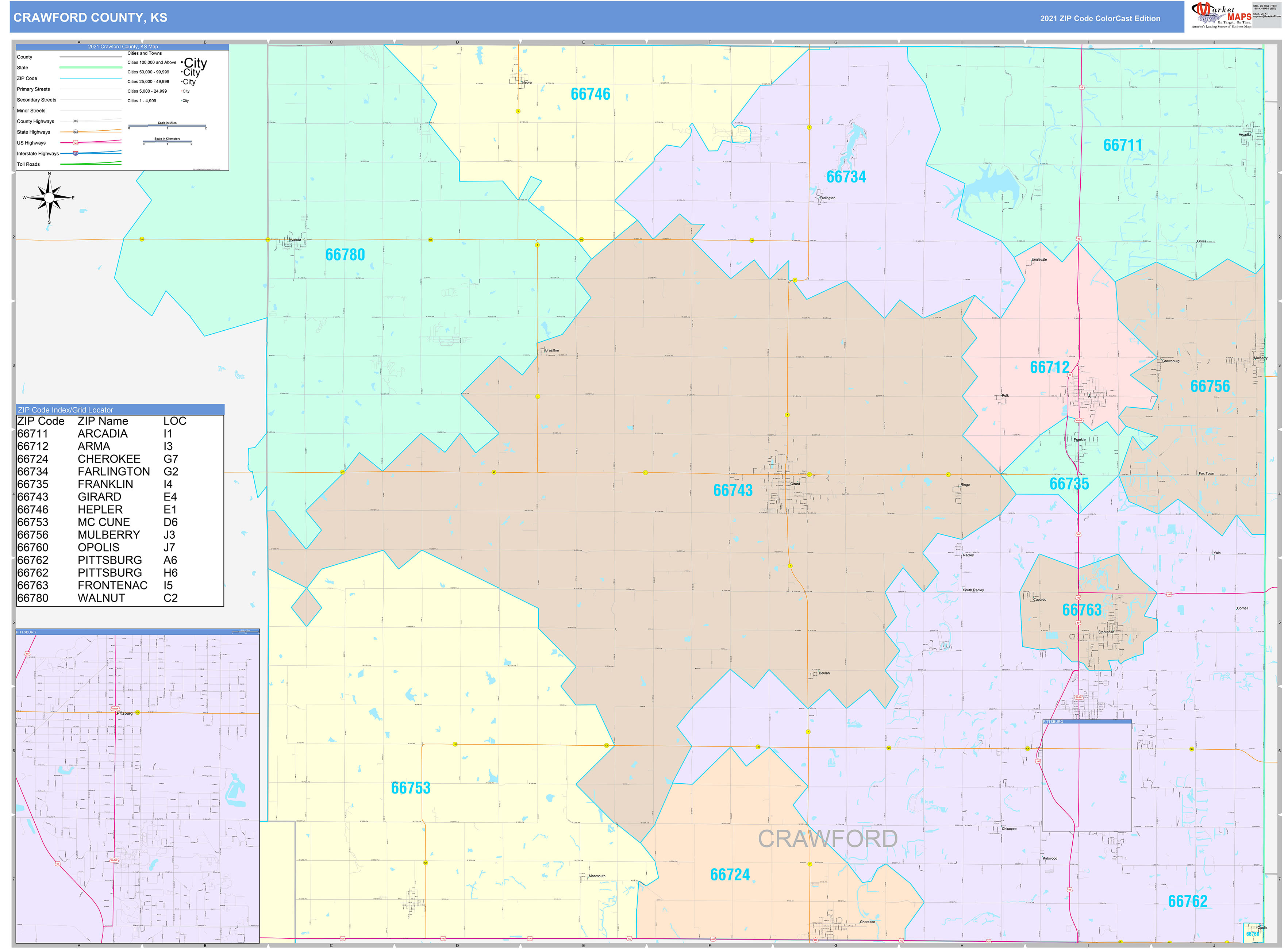 Crawford County, KS Wall Map Color Cast Style by MarketMAPS