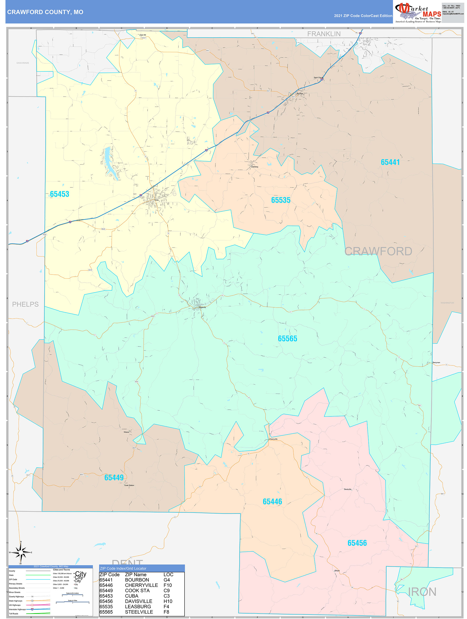 Crawford County, MO Wall Map Color Cast Style by MarketMAPS