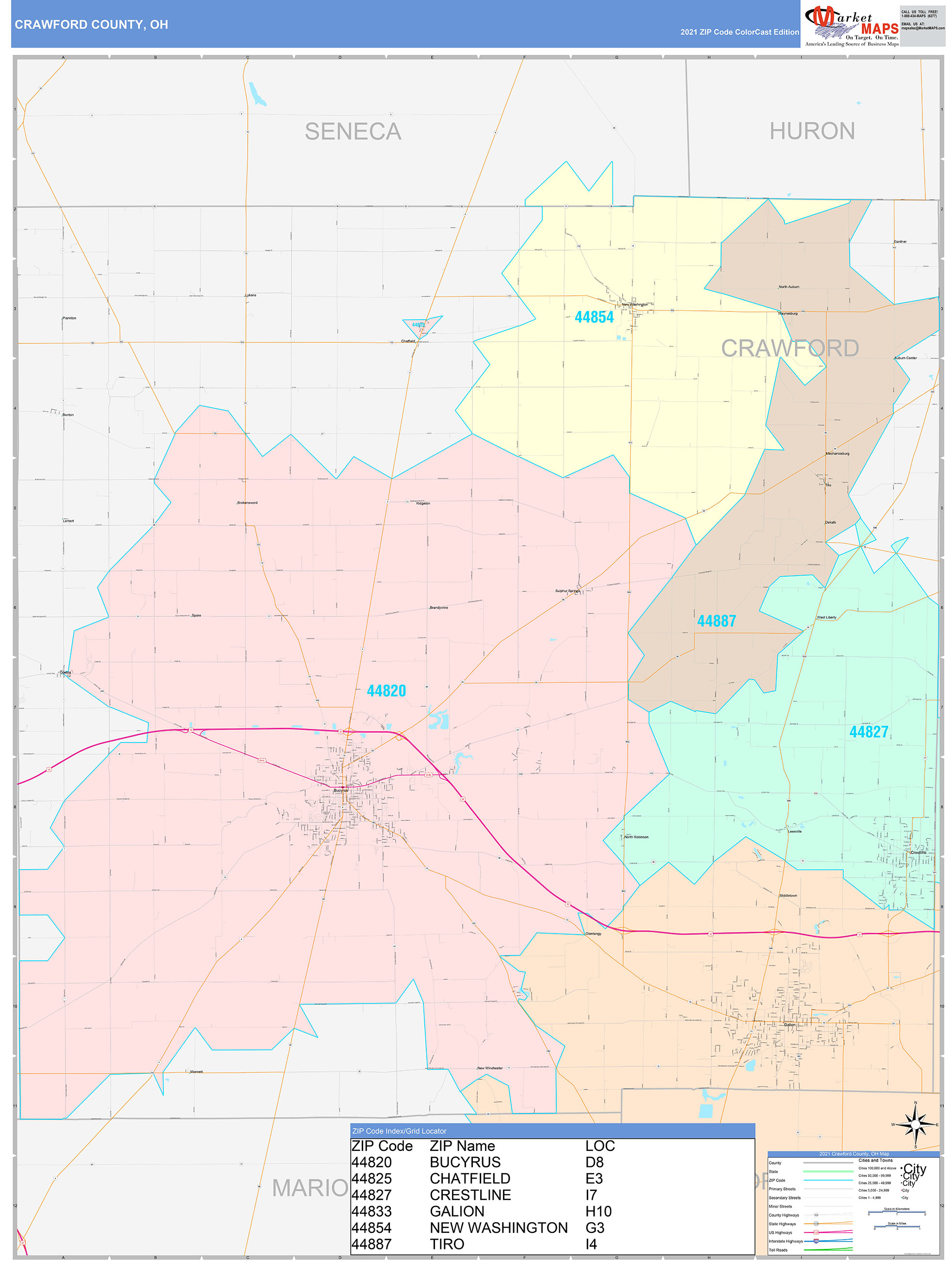 Crawford County, OH Wall Map Color Cast Style by MarketMAPS