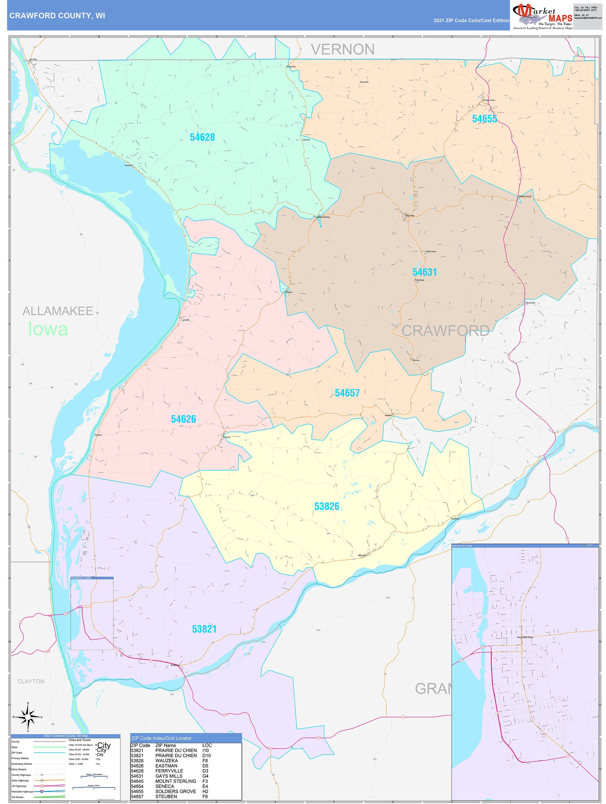 Crawford County, WI Wall Map Color Cast Style by MarketMAPS MapSales