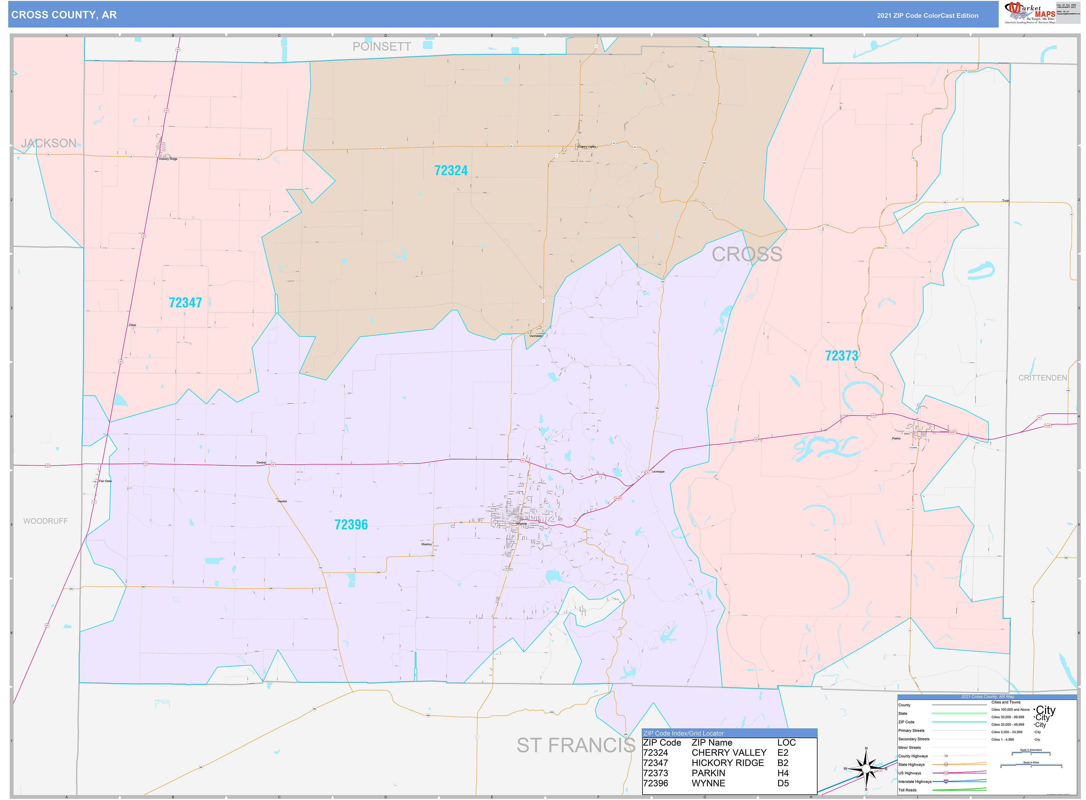 Cross County, AR Wall Map Color Cast Style by MarketMAPS