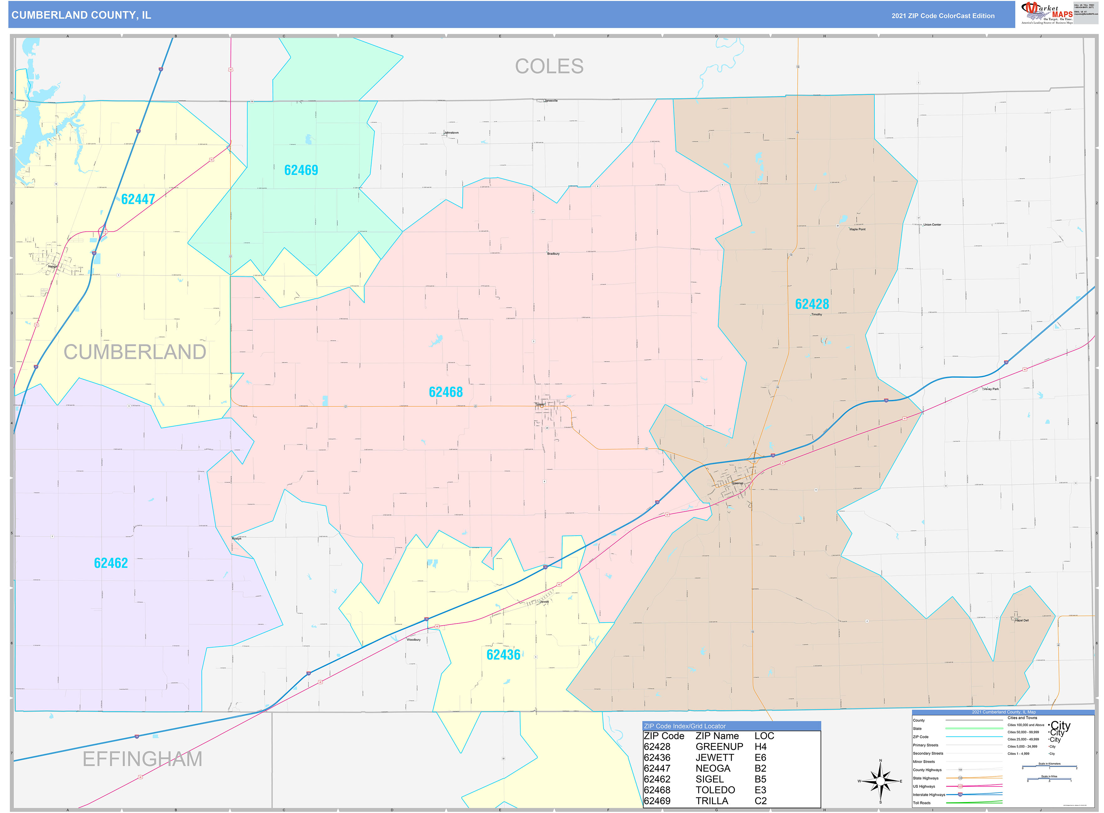 Cumberland County, IL Wall Map Color Cast Style by MarketMAPS