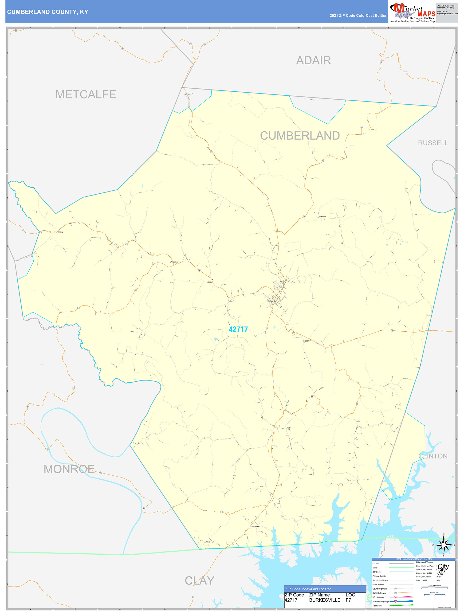 Cumberland County, KY Wall Map Color Cast Style by MarketMAPS