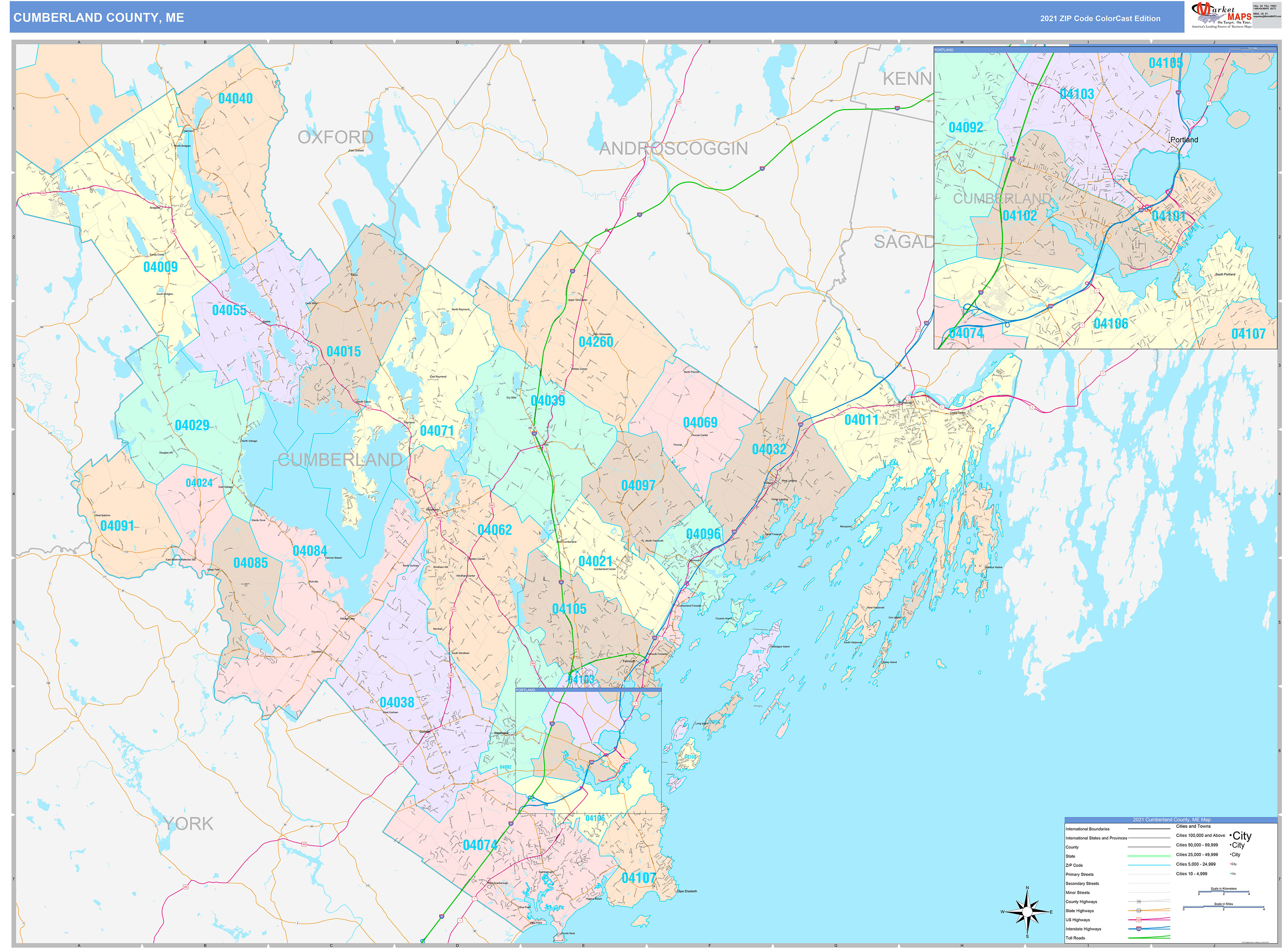 Cumberland County, ME Wall Map Color Cast Style by MarketMAPS