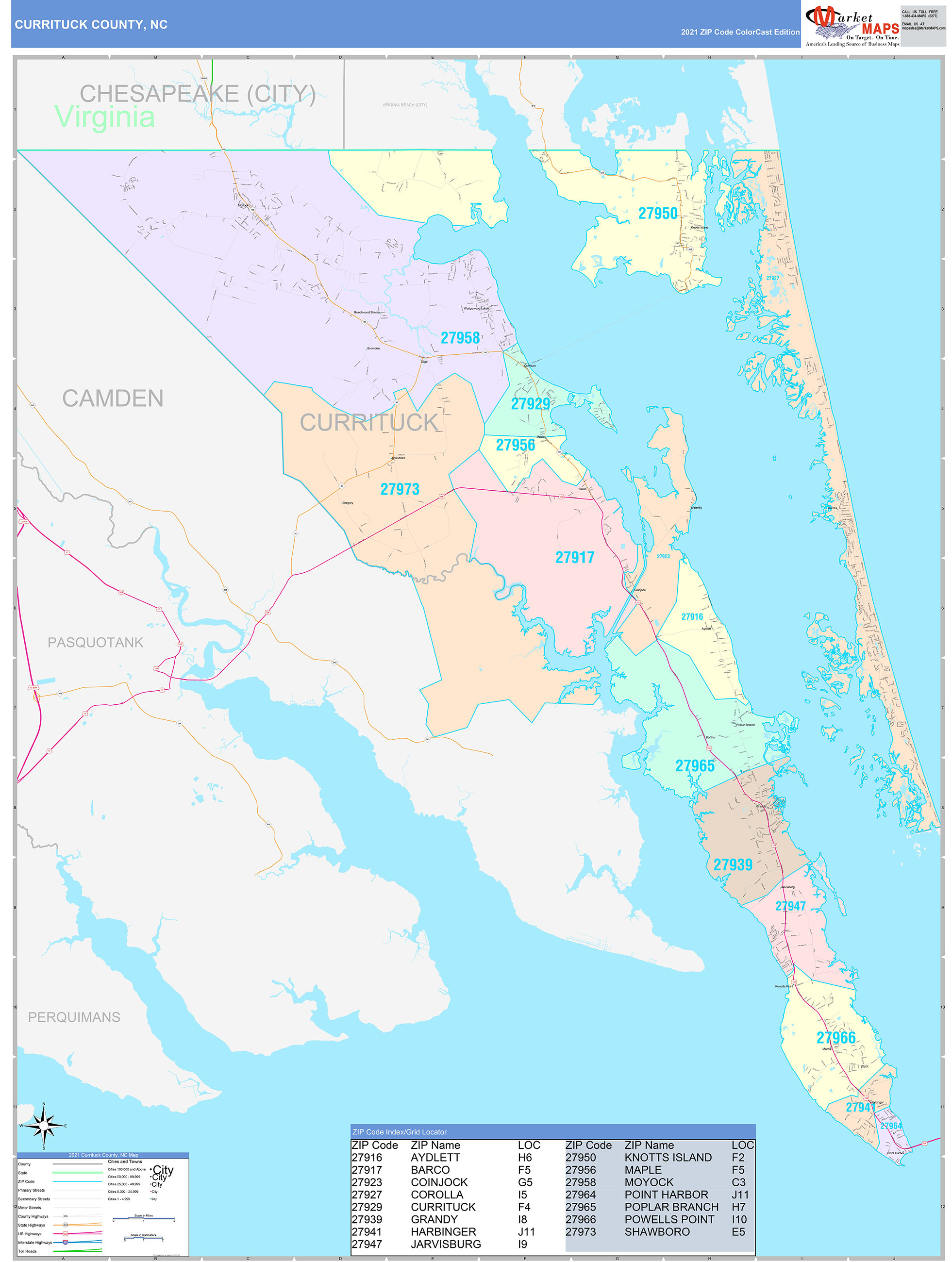 Currituck County, NC Wall Map Color Cast Style