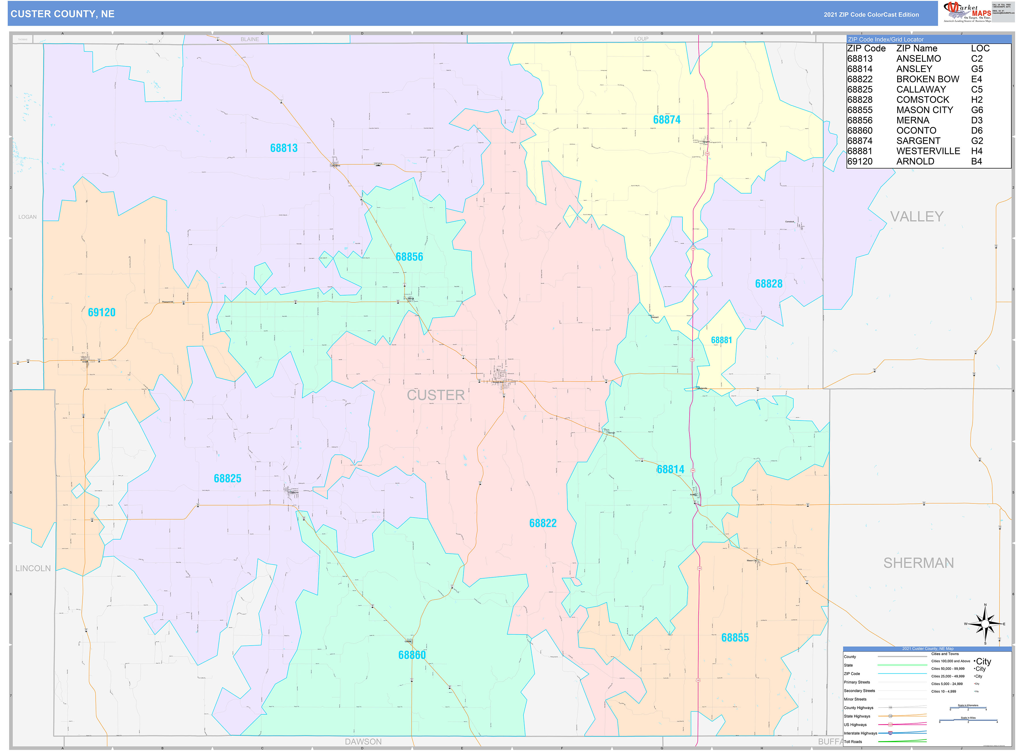 Custer County, NE Wall Map Color Cast Style by MarketMAPS