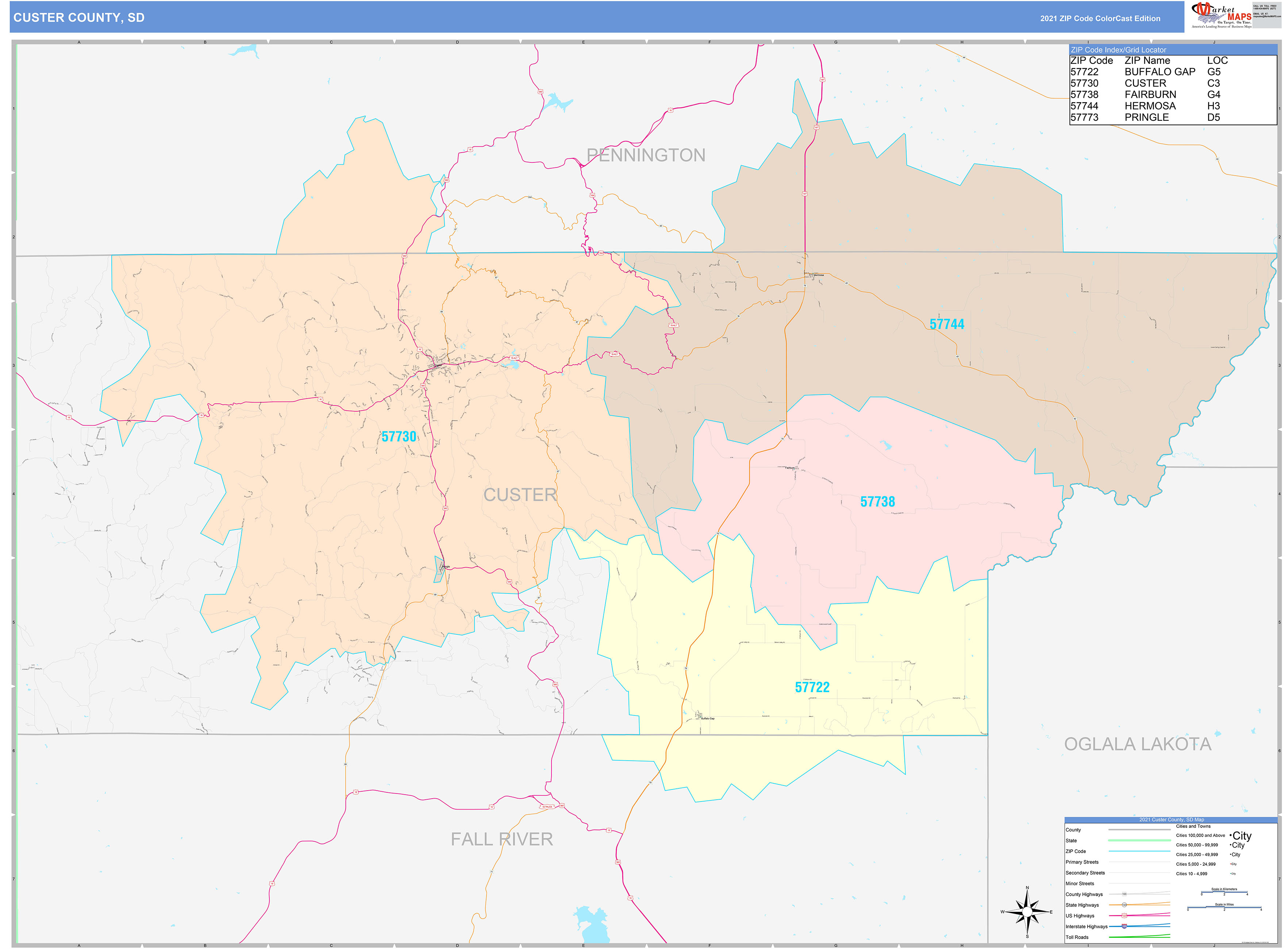 Custer County, SD Wall Map Color Cast Style by MarketMAPS MapSales