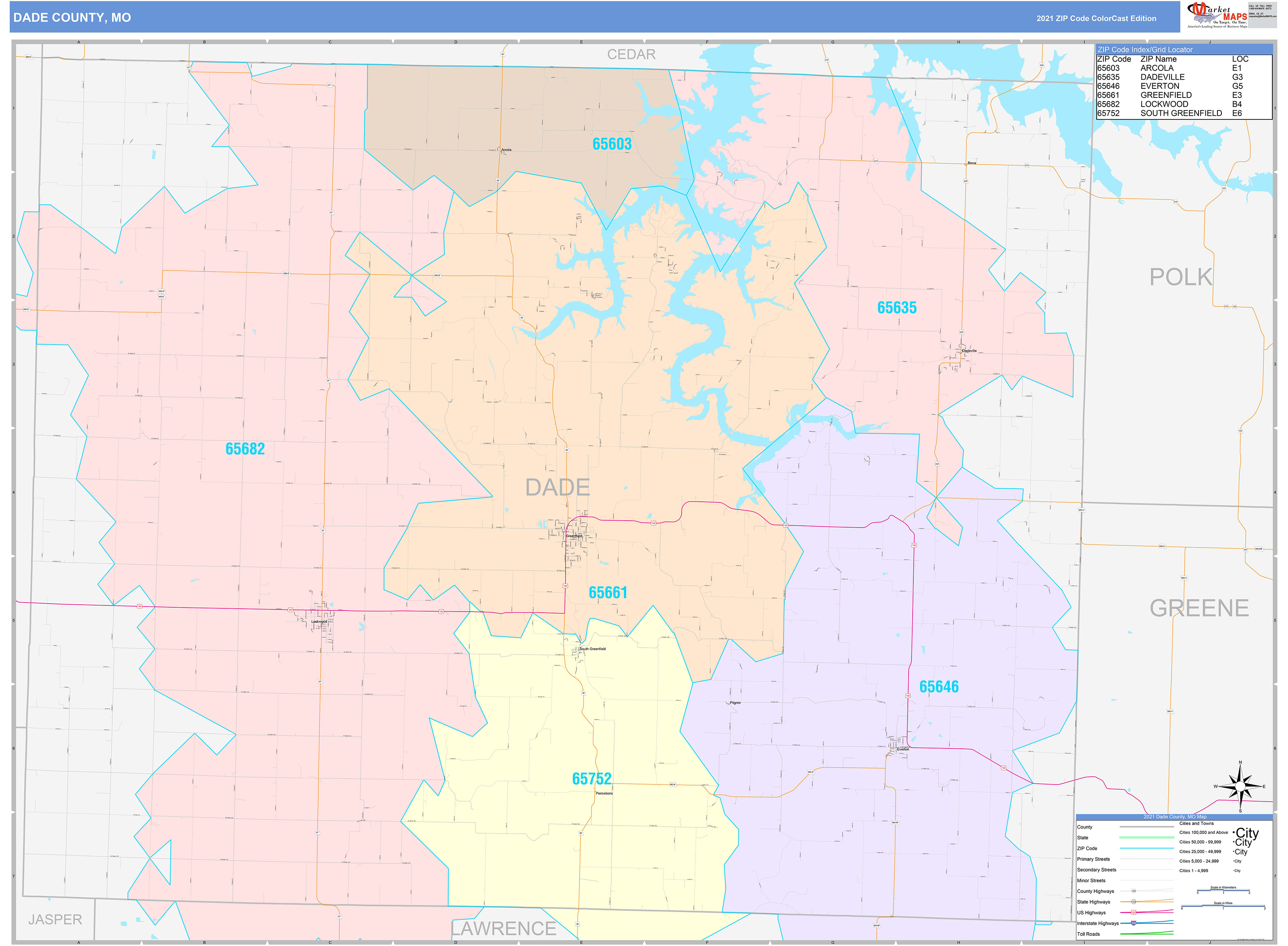 Dade County, MO Wall Map Color Cast Style by MarketMAPS MapSales