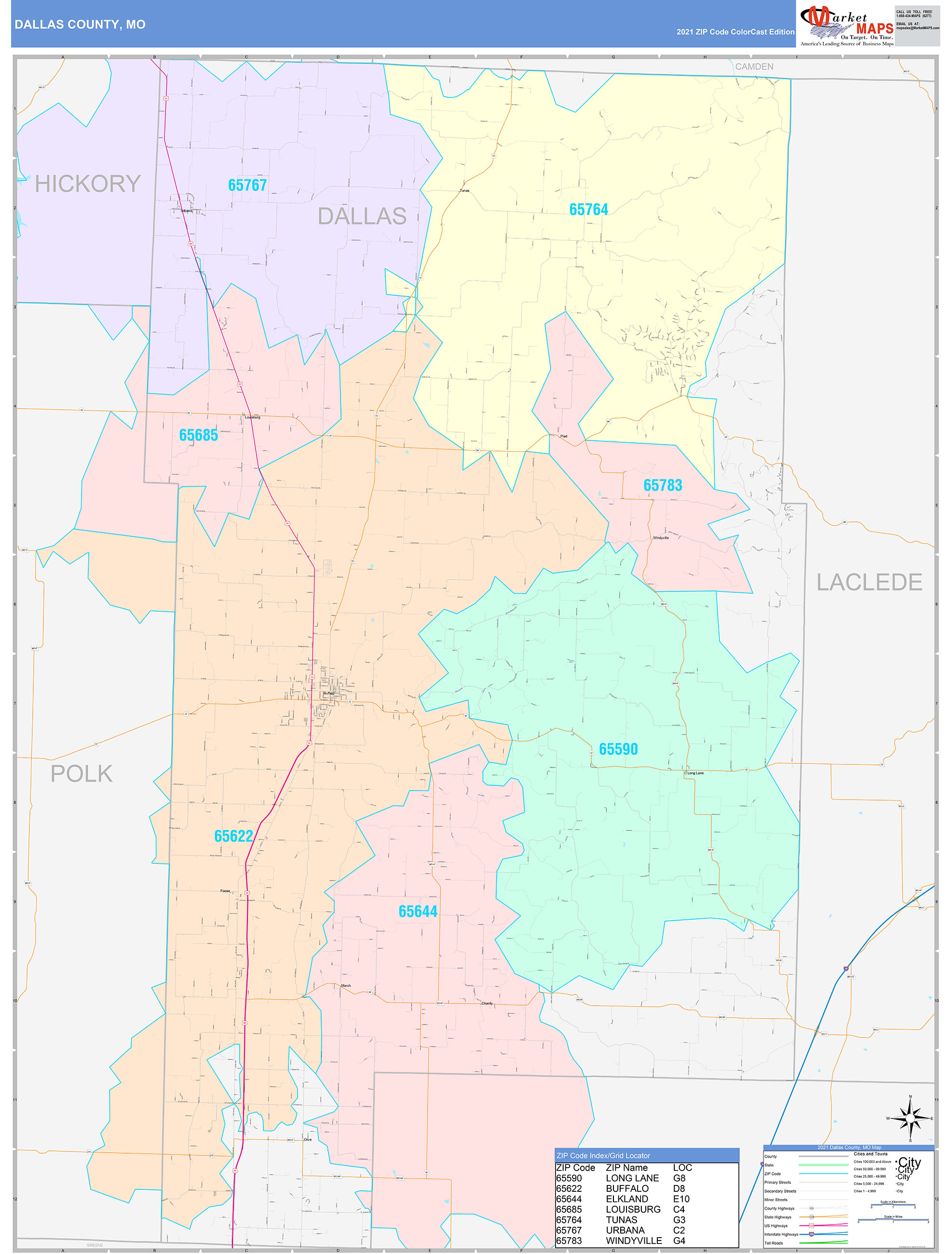 Dallas County, MO Wall Map Color Cast Style by MarketMAPS