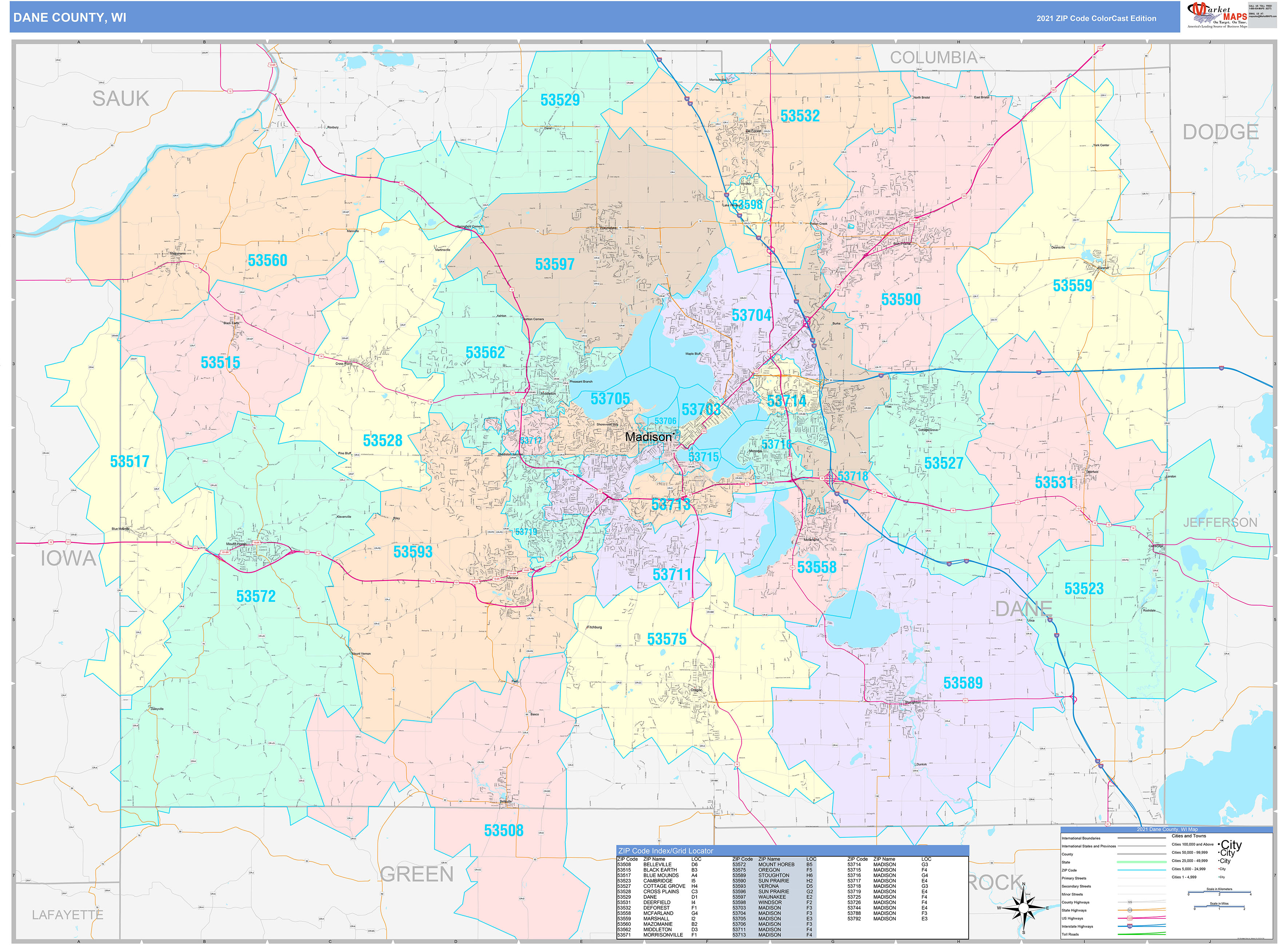 Dane County, WI Wall Map Color Cast Style by MarketMAPS