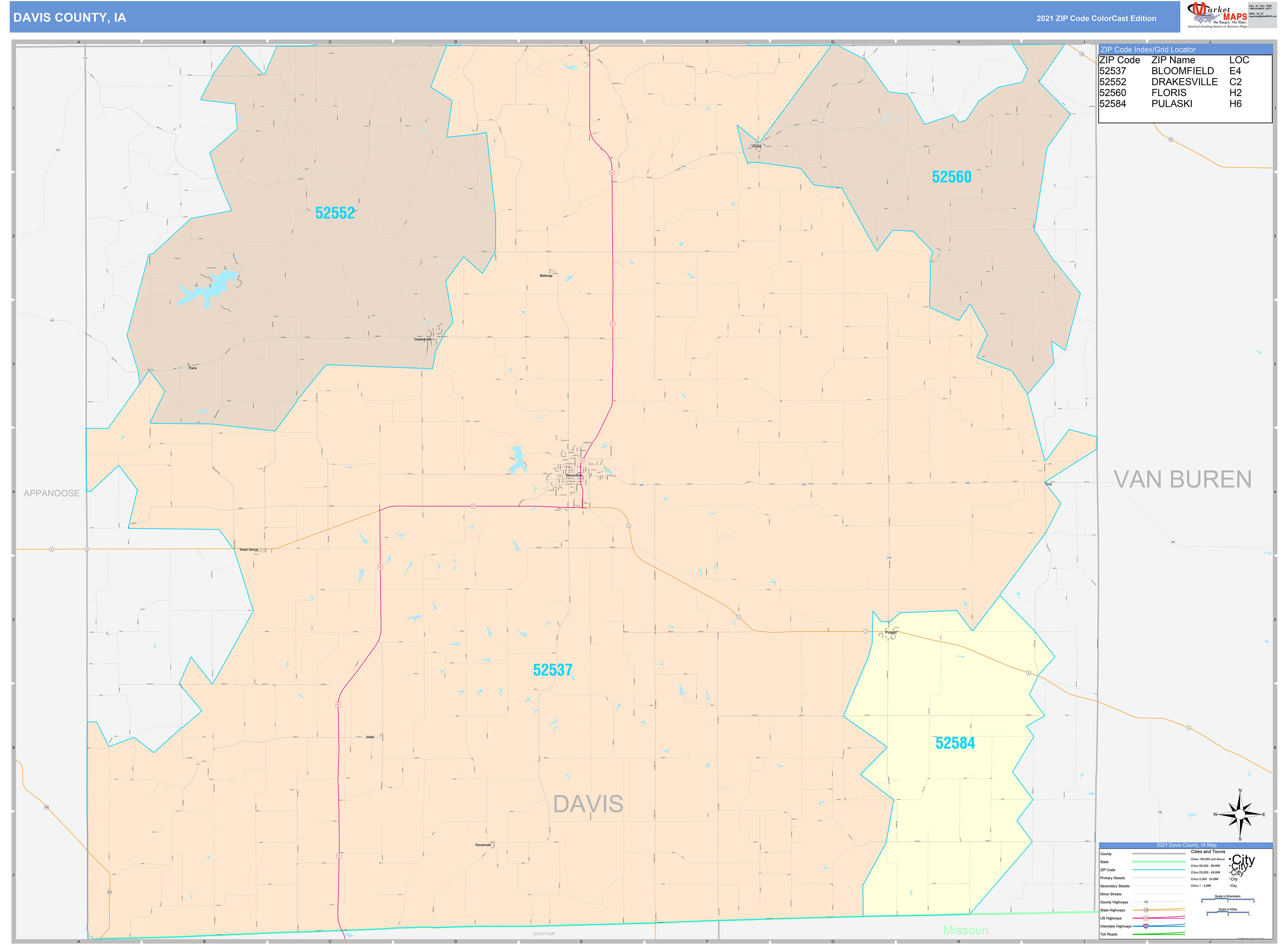 Davis County, IA Wall Map Color Cast Style by MarketMAPS