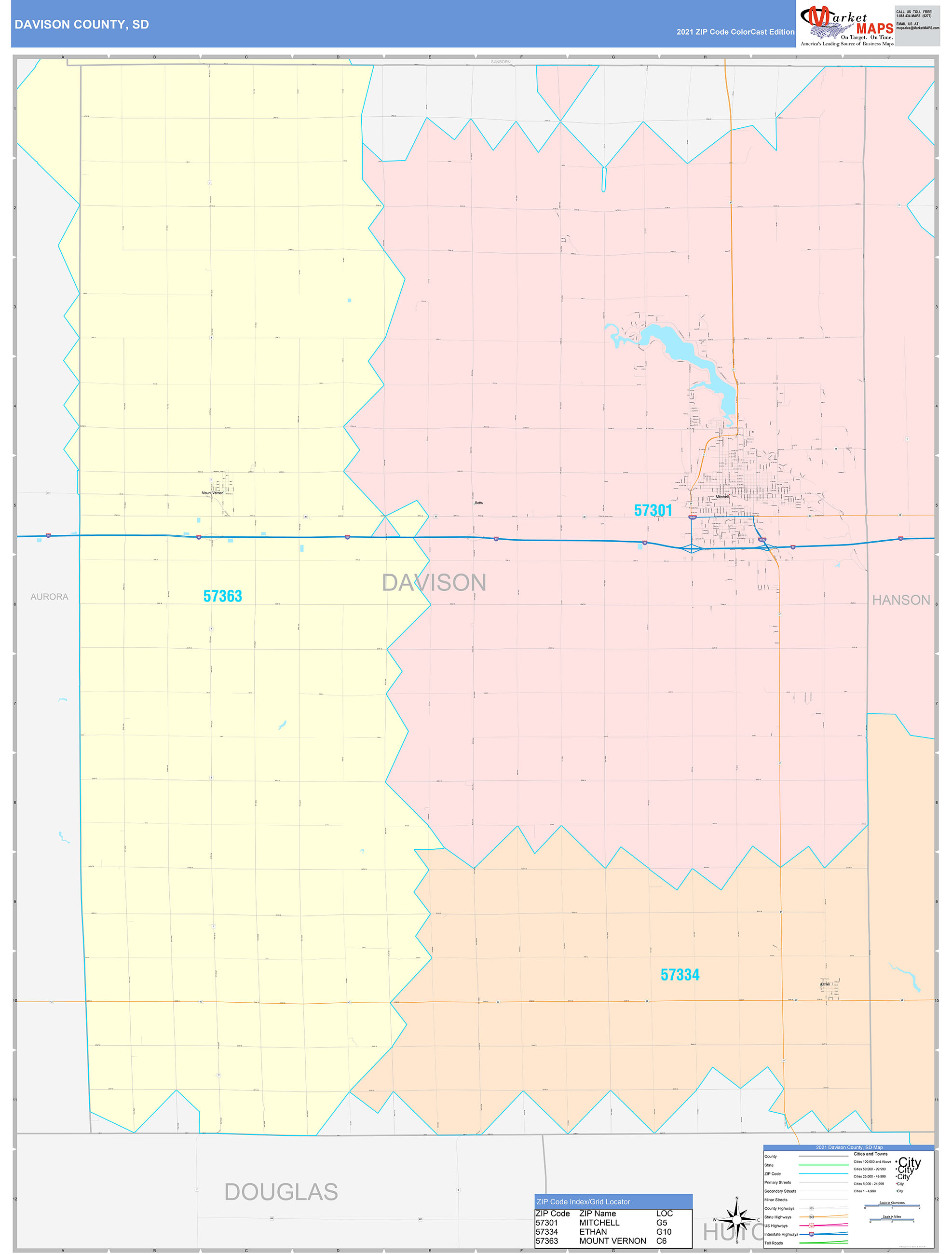 Davison County, SD Wall Map Color Cast Style by MarketMAPS