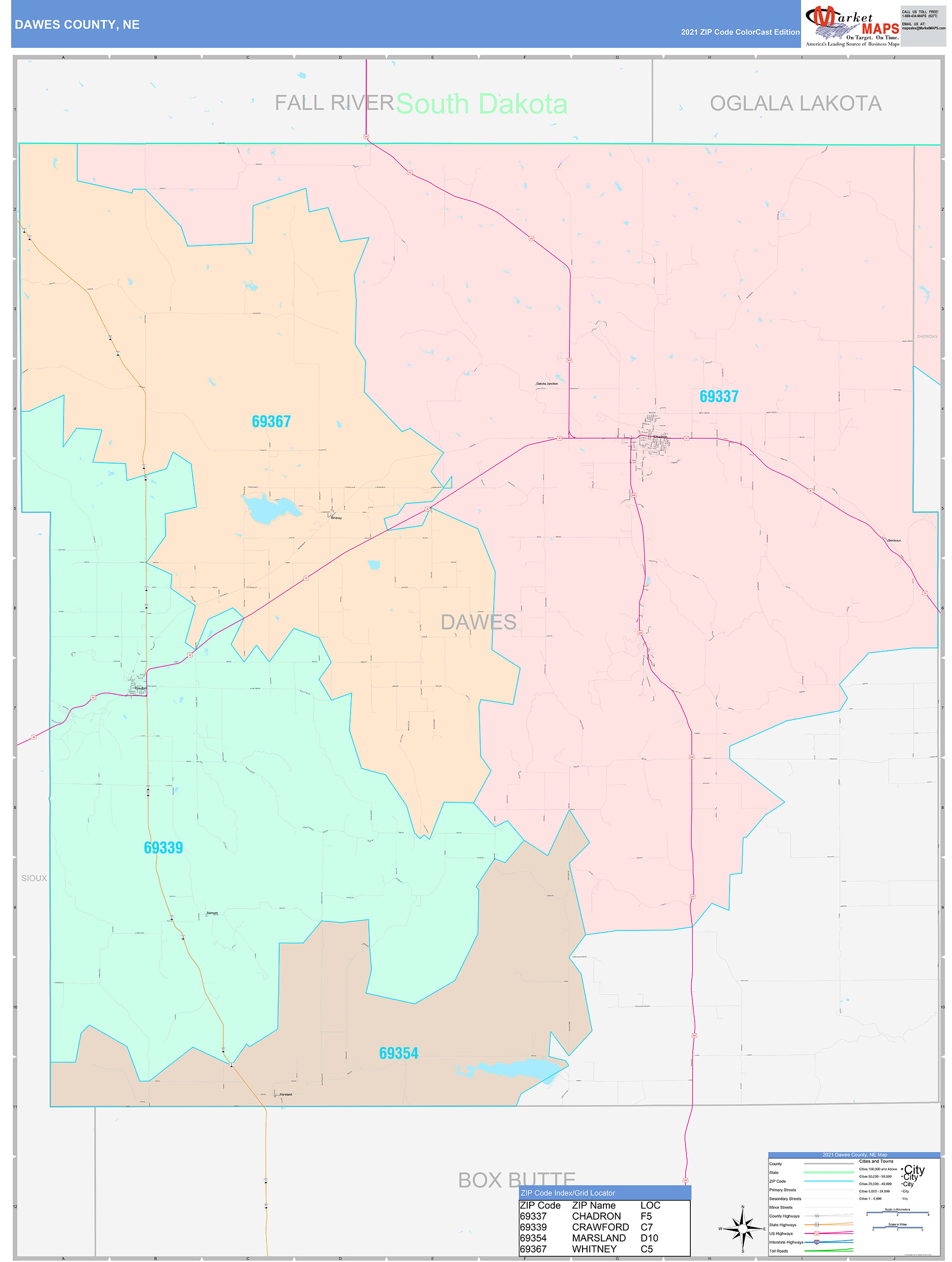 Dawes County, NE Wall Map Color Cast Style by MarketMAPS MapSales