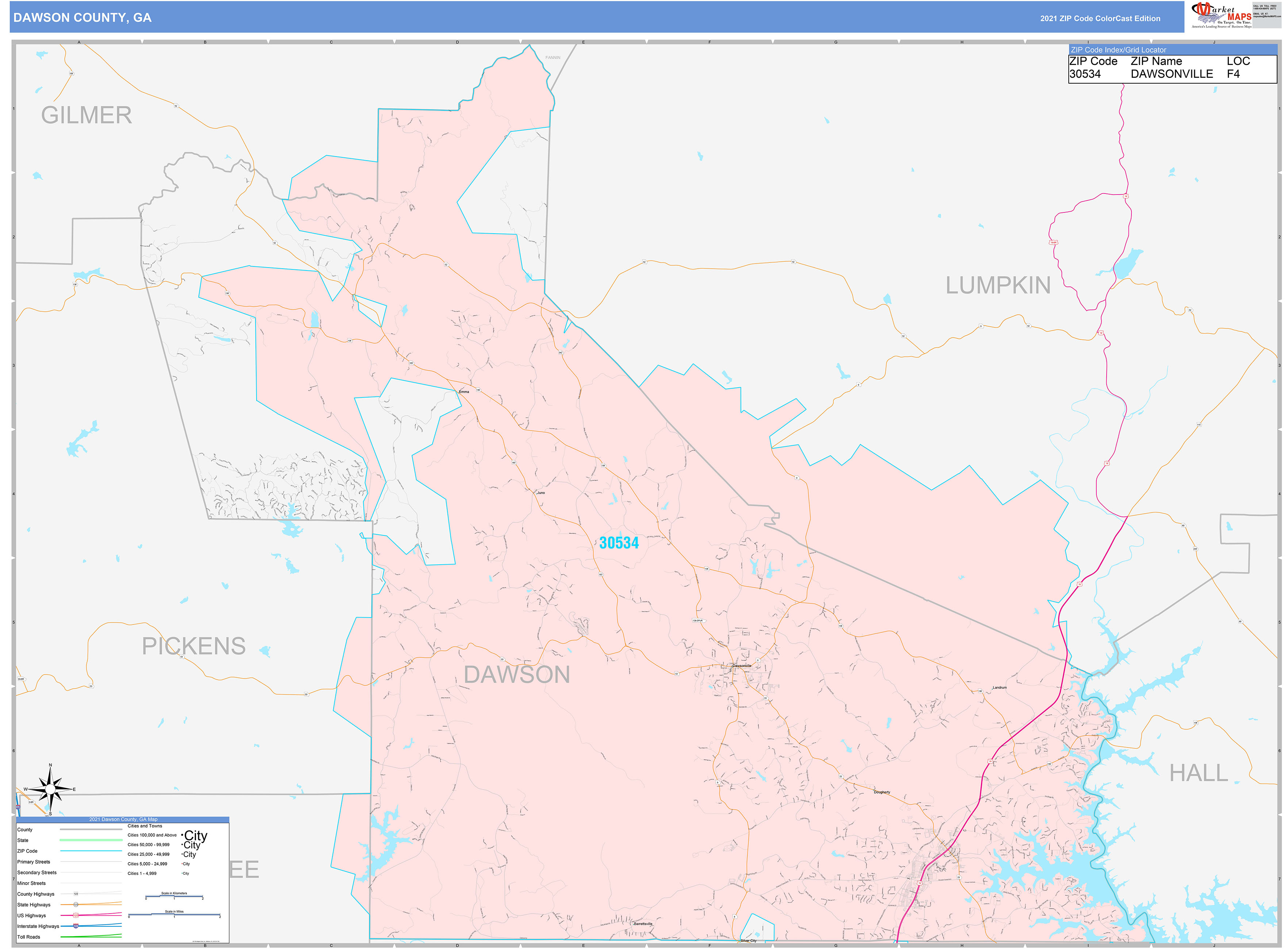 Dawson County, GA Wall Map Color Cast Style by MarketMAPS