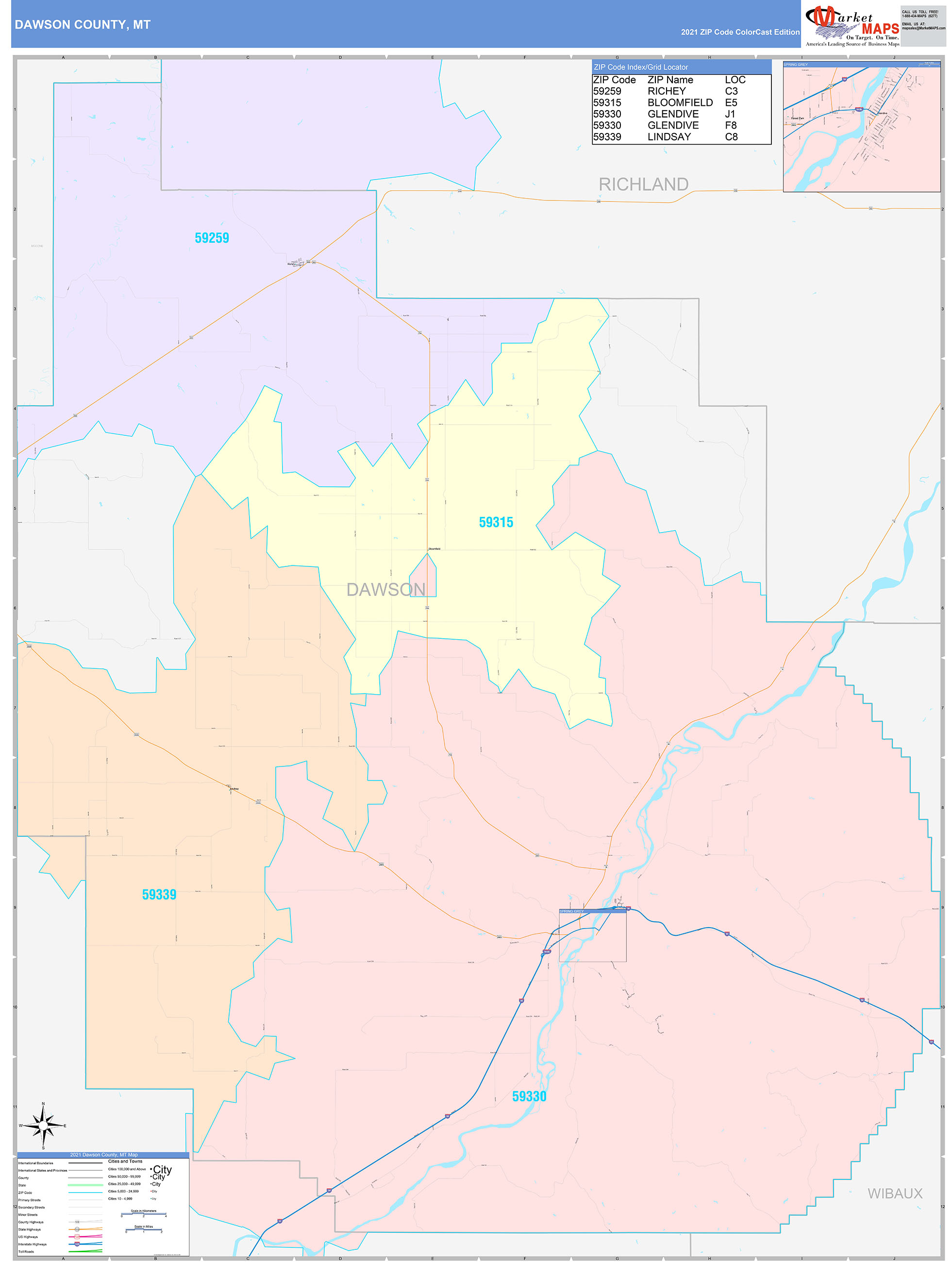 Dawson County, MT Wall Map Color Cast Style by MarketMAPS