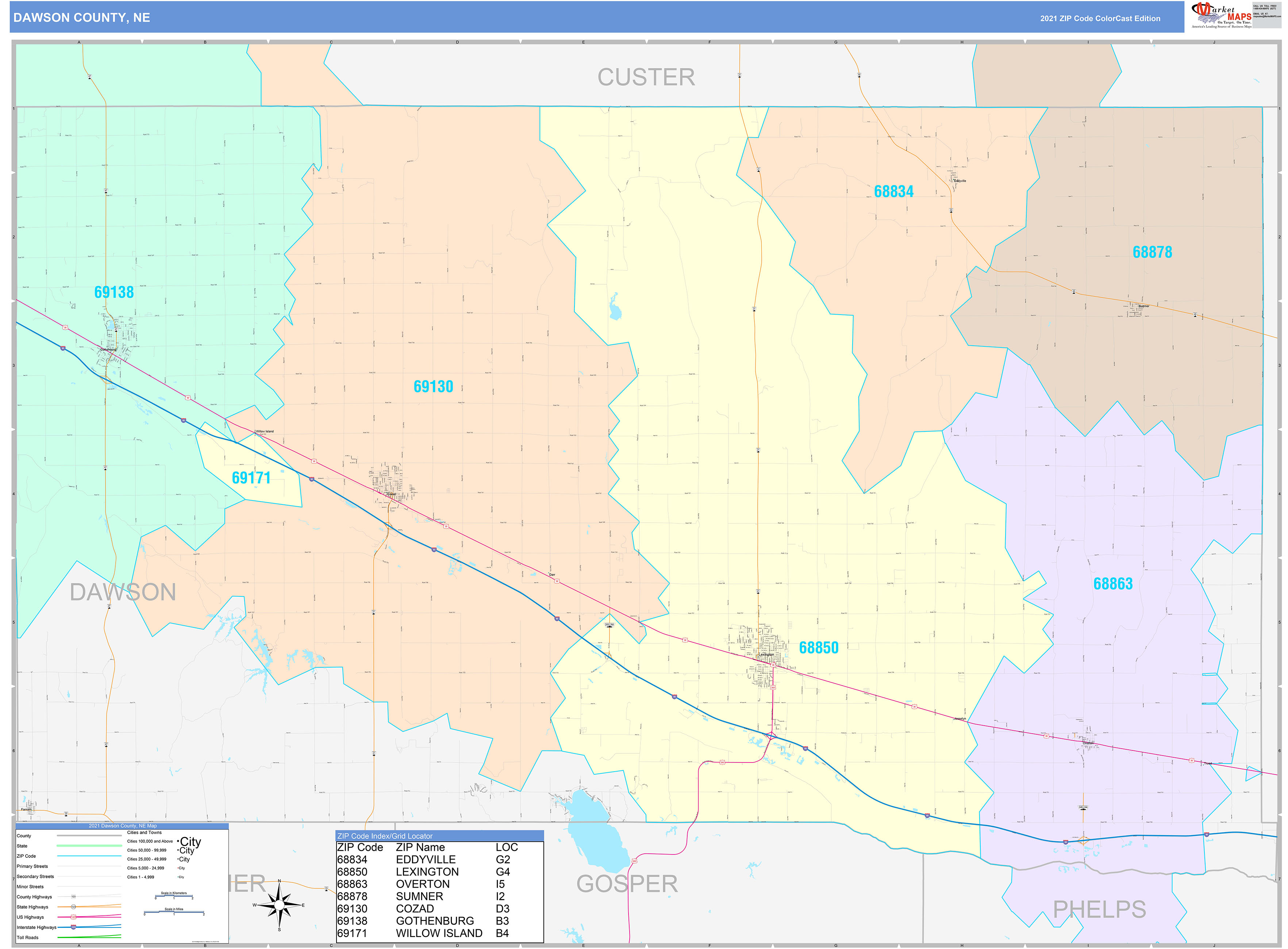 Dawson County, NE Wall Map Color Cast Style by MarketMAPS