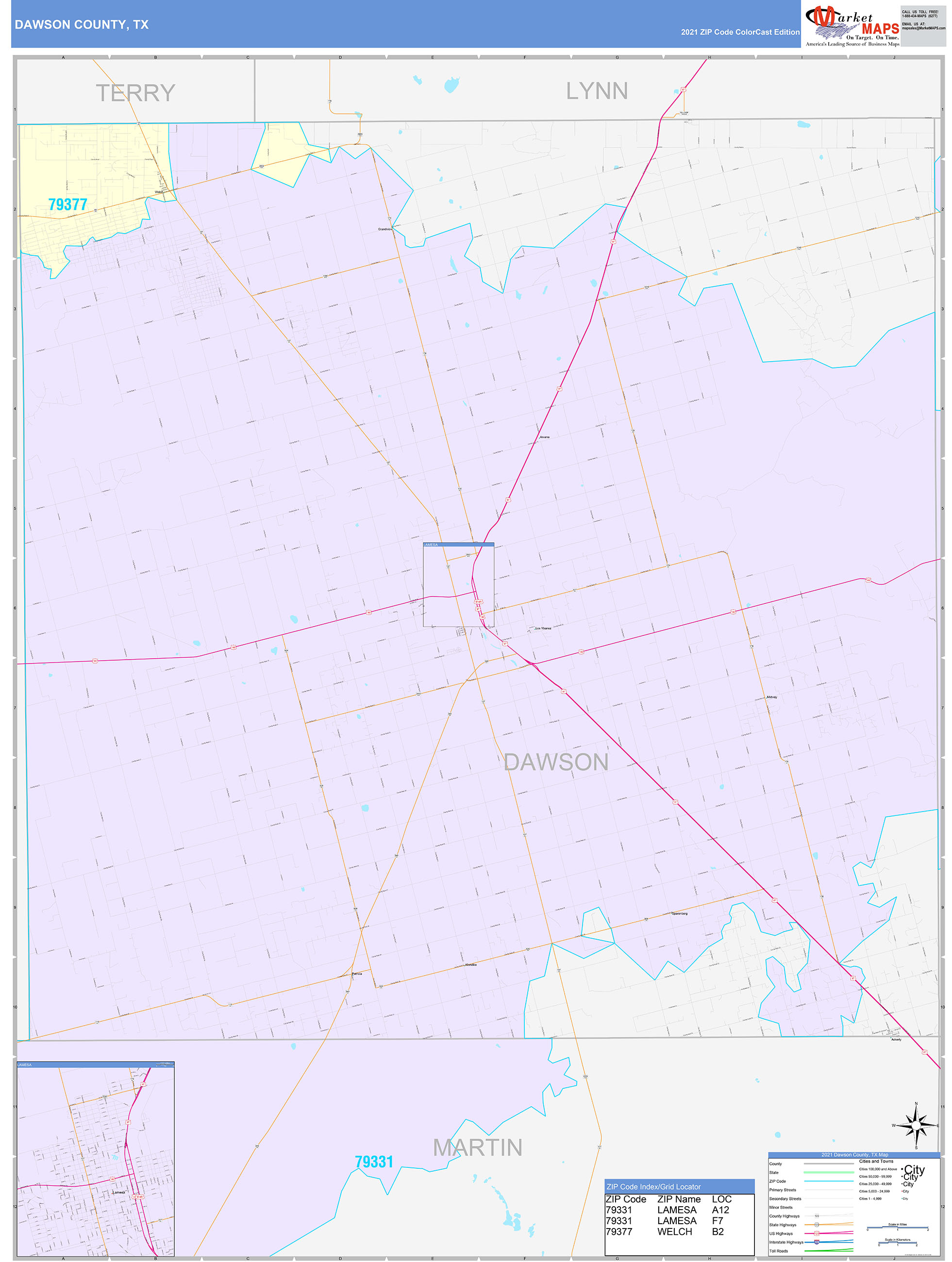 Dawson County, TX Wall Map Color Cast Style by MarketMAPS