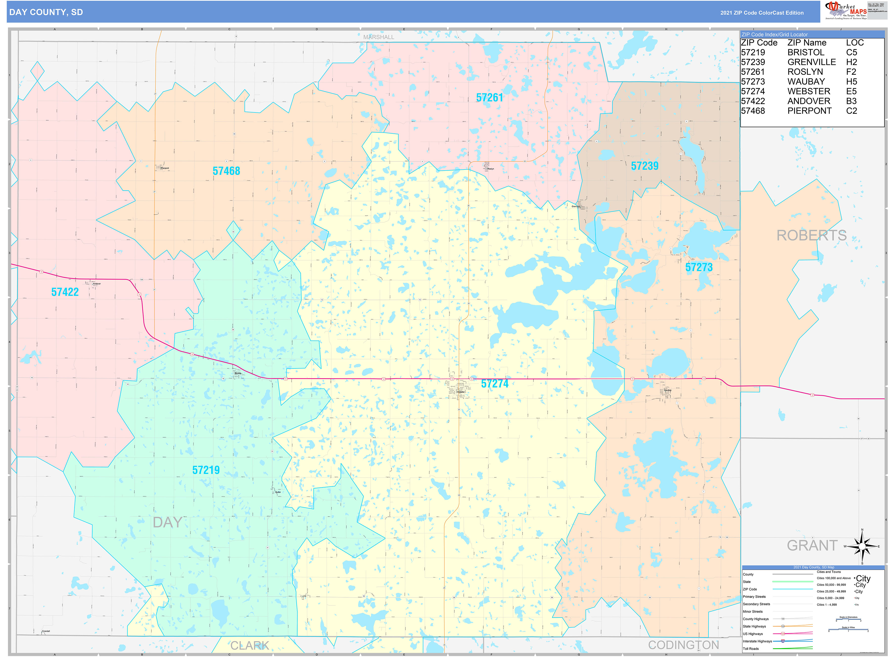 Day County, SD Wall Map Color Cast Style by MarketMAPS
