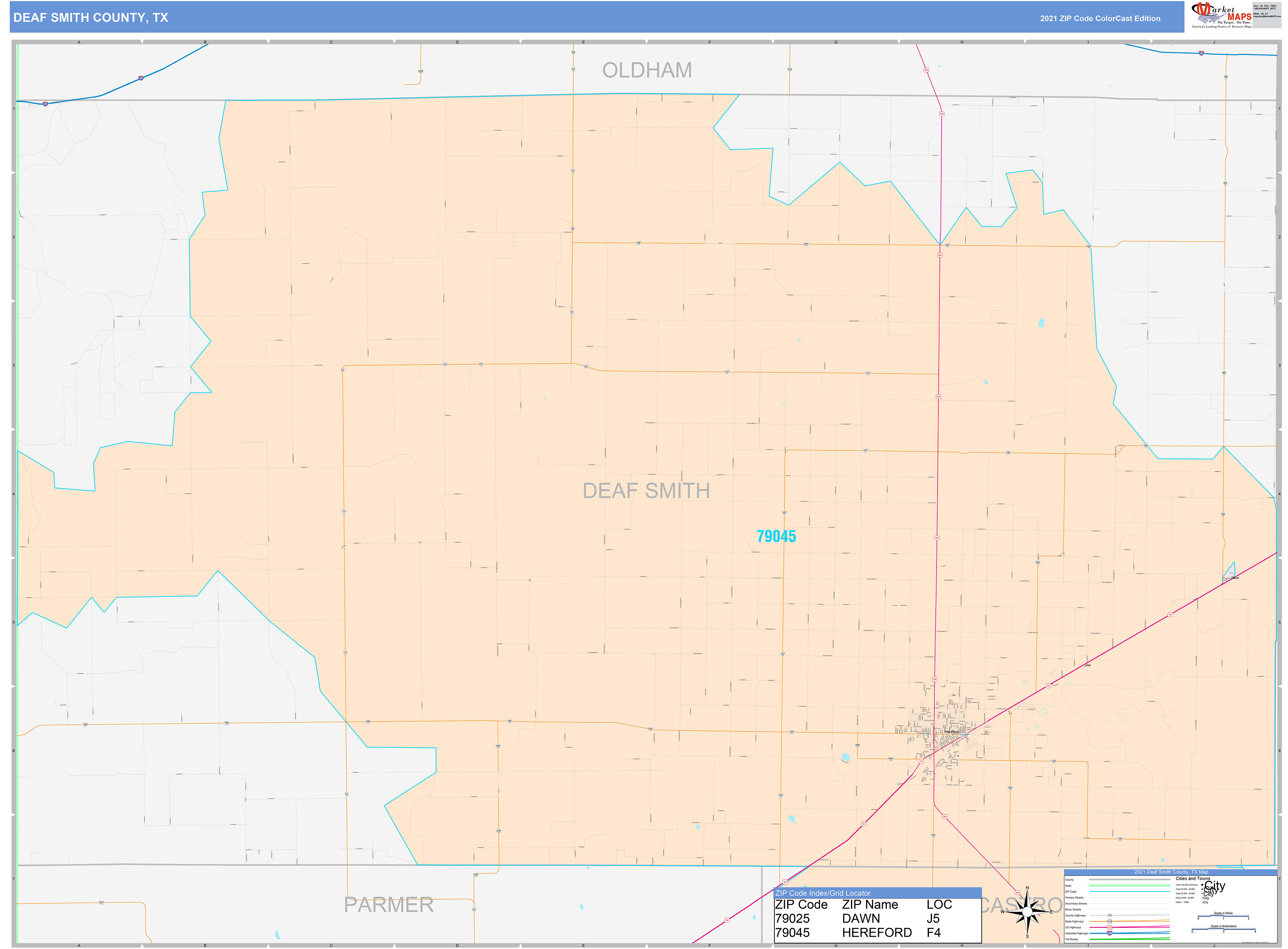 Deaf Smith County, TX Wall Map Color Cast Style by MarketMAPS