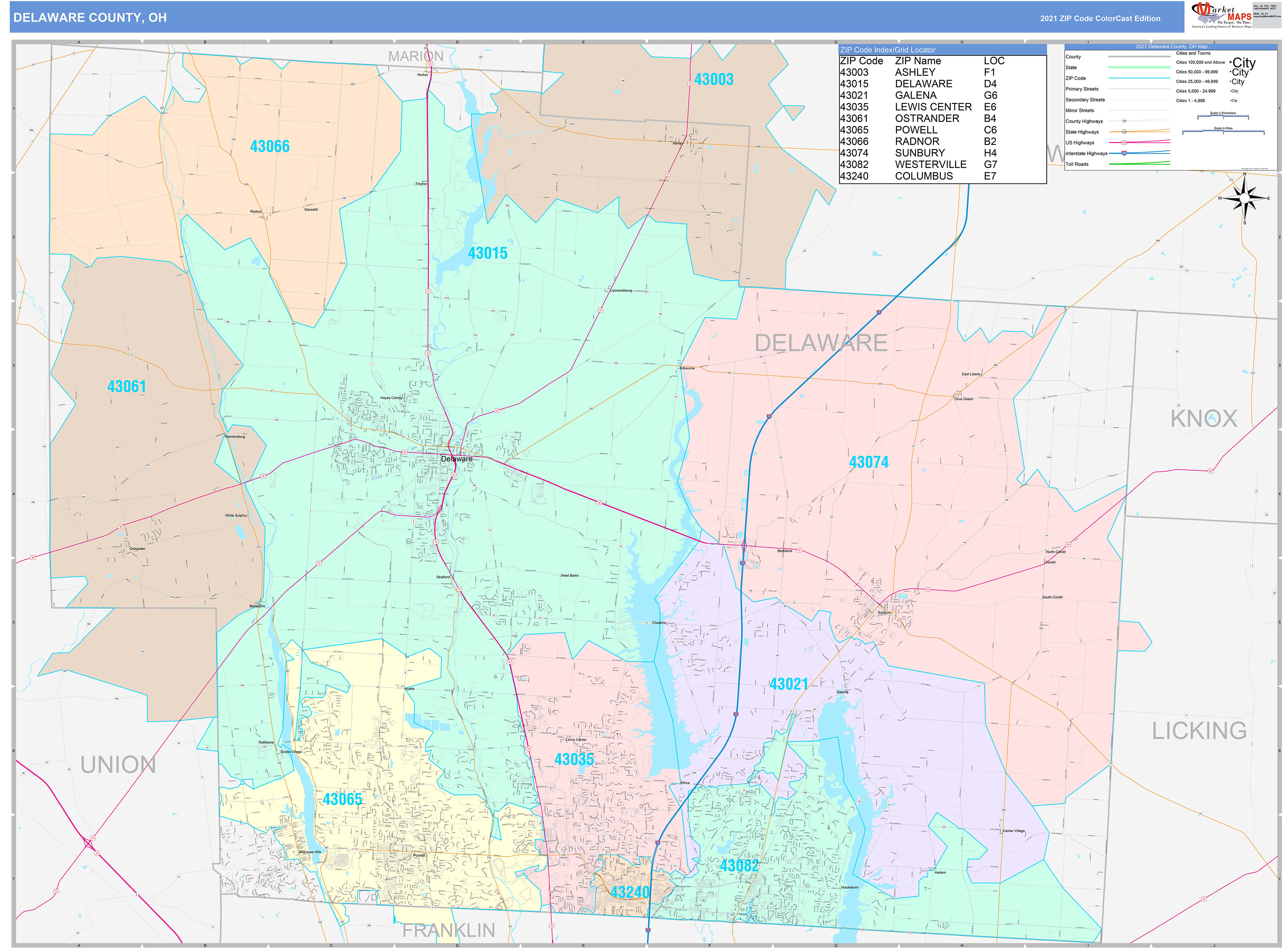 Delaware County, OH Wall Map Color Cast Style by MarketMAPS
