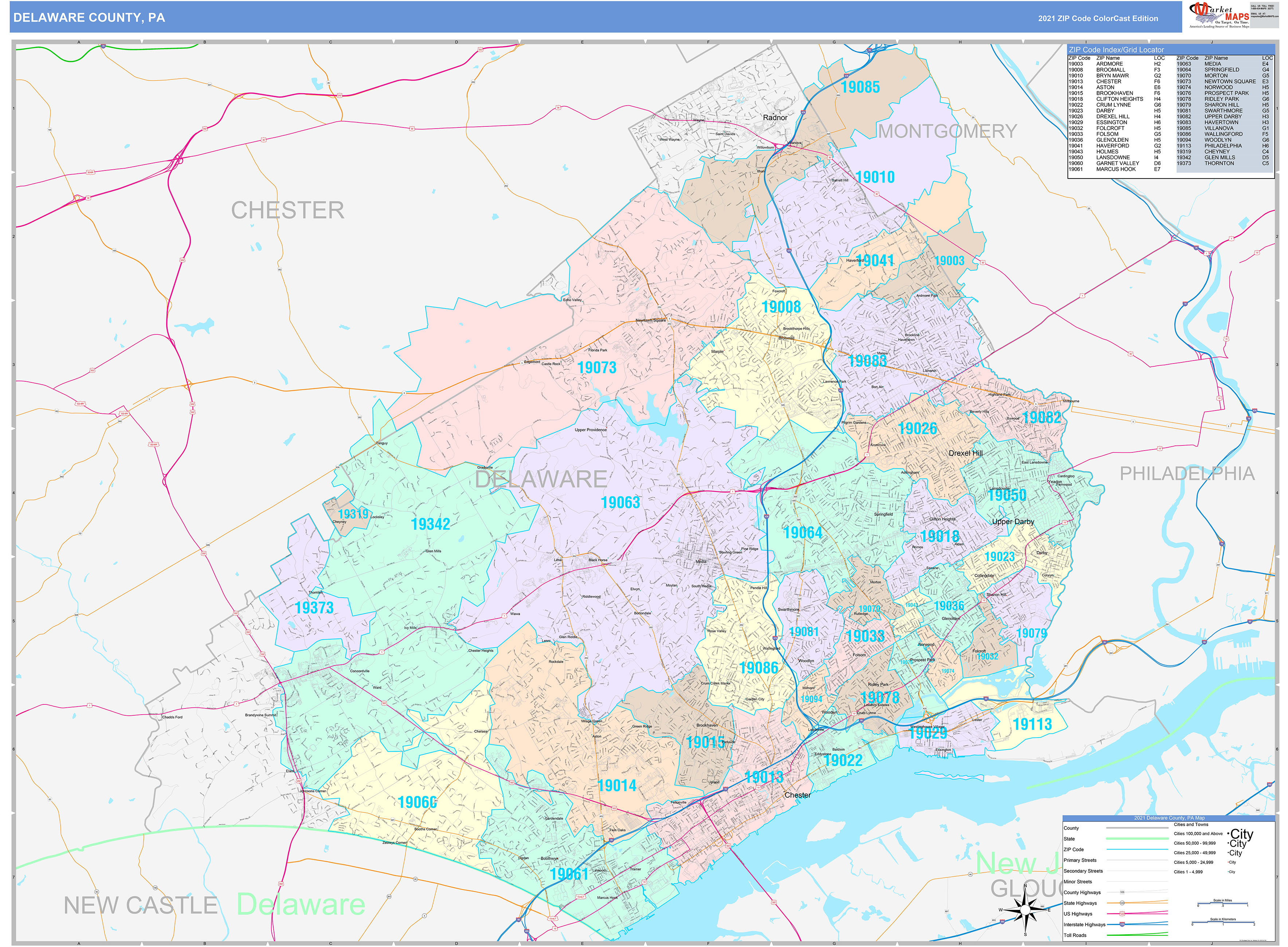 Delaware County, PA Wall Map Color Cast Style by MarketMAPS MapSales