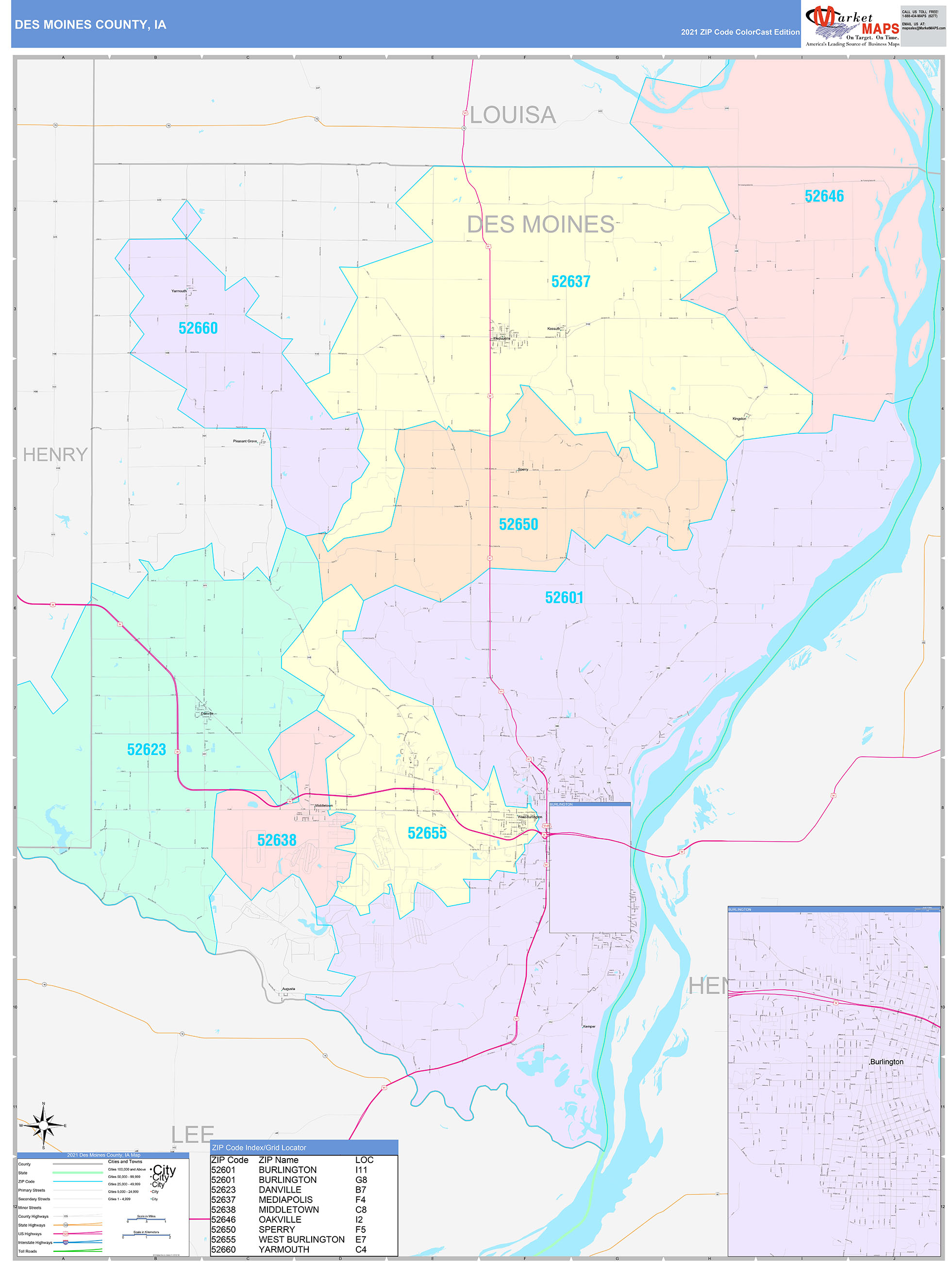 Des Moines County, IA Wall Map Color Cast Style by MarketMAPS