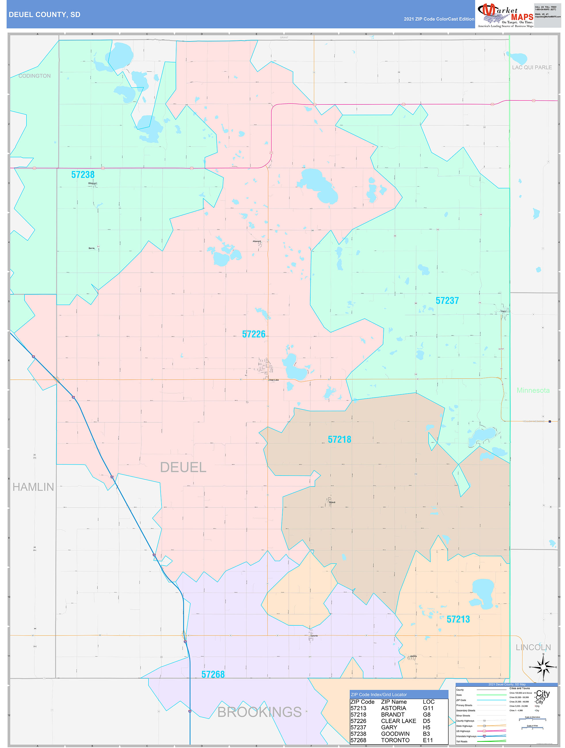 Deuel County, SD Wall Map Color Cast Style by MarketMAPS