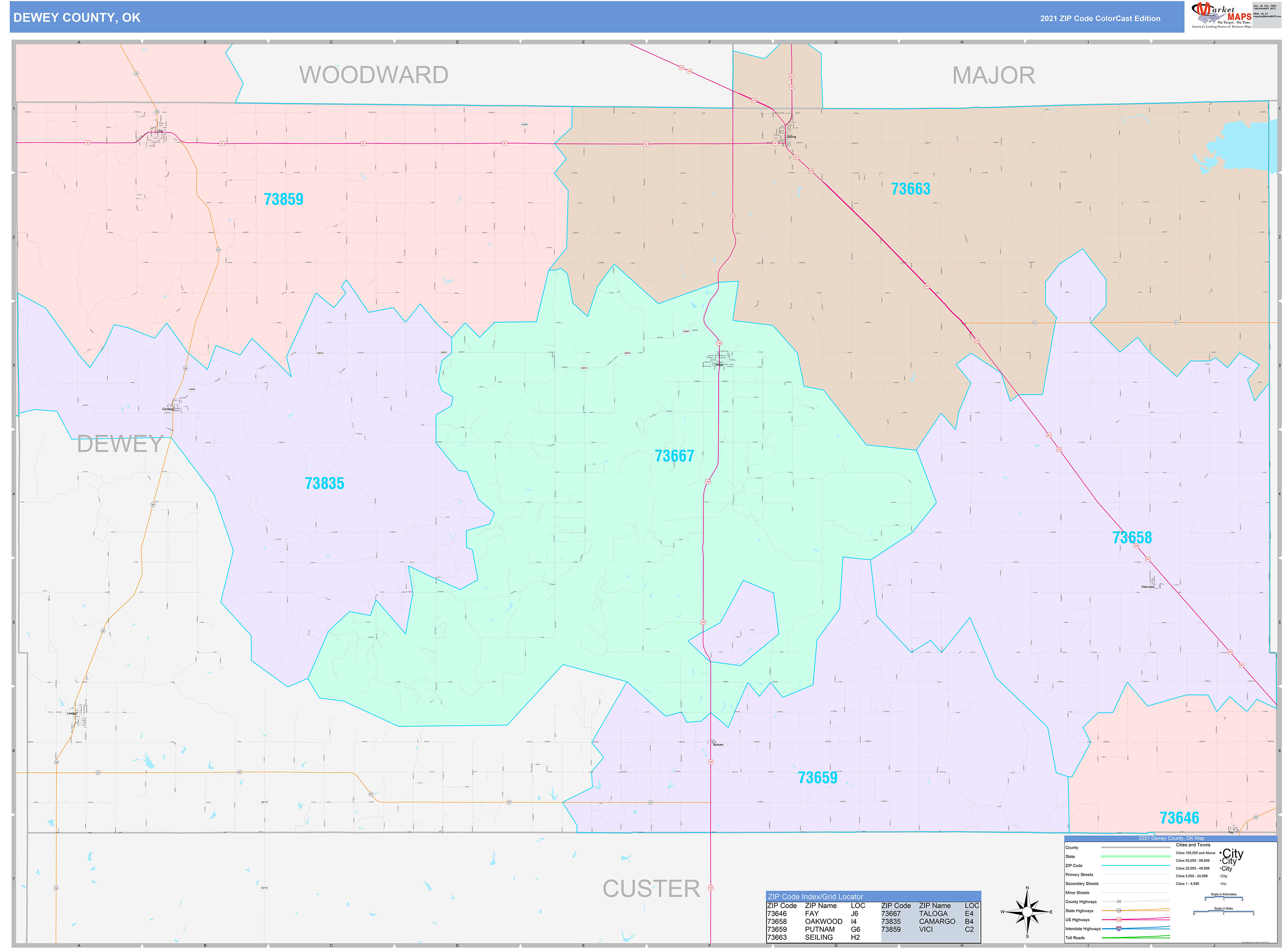 Dewey County, OK Wall Map Color Cast Style by MarketMAPS