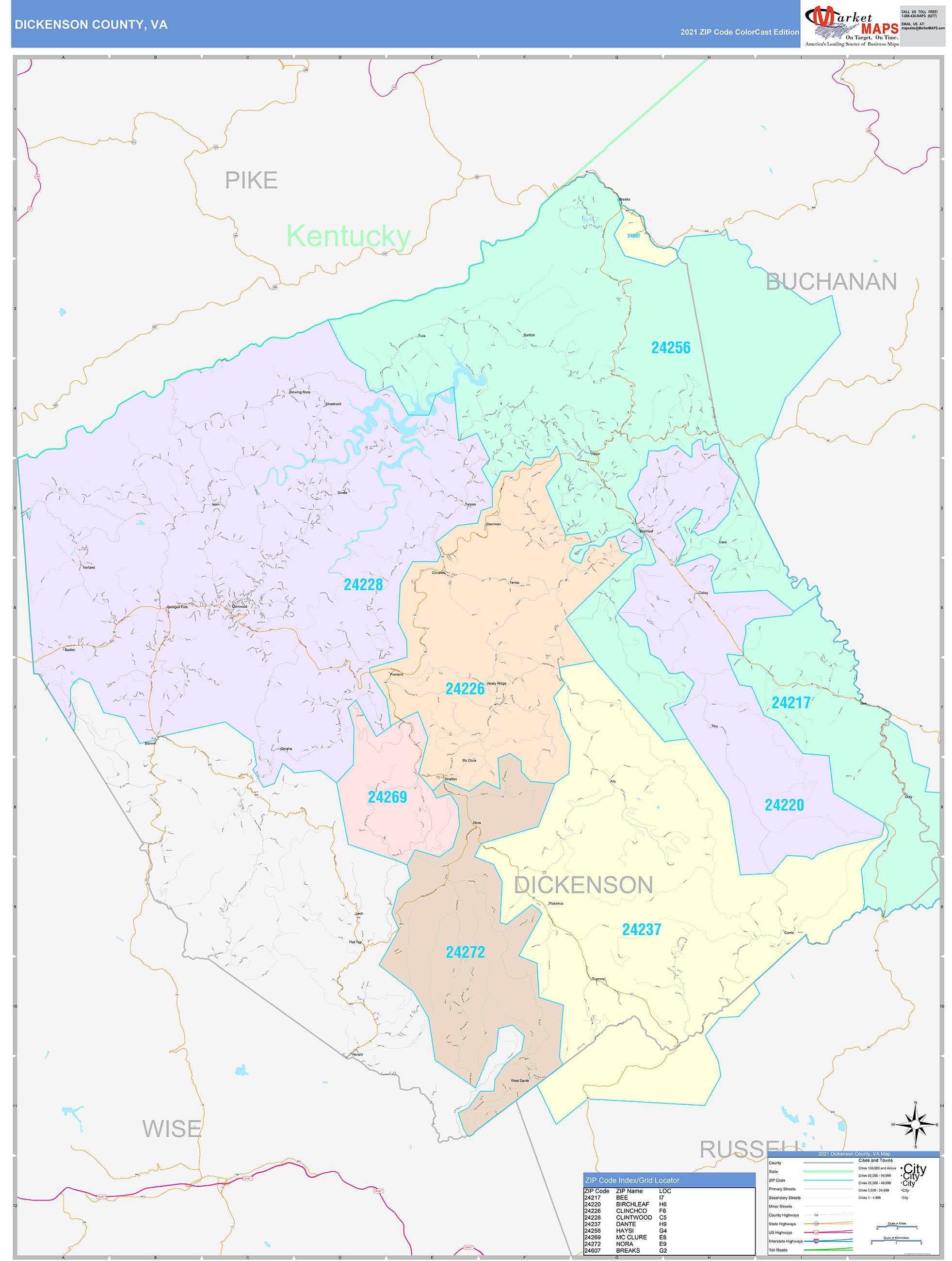 Dickenson County, VA Wall Map Color Cast Style by MarketMAPS MapSales