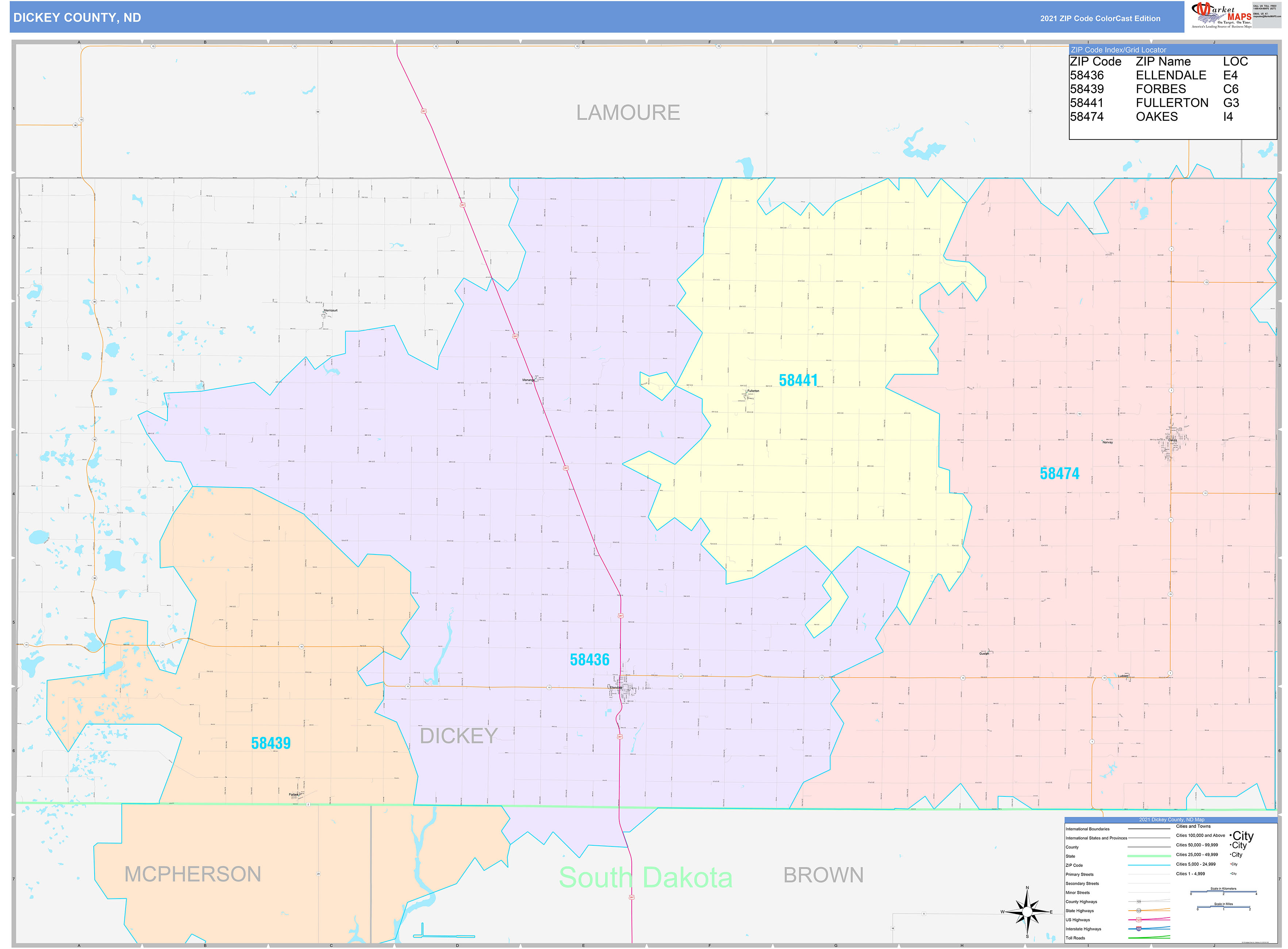 Dickey County, ND Wall Map Color Cast Style by MarketMAPS