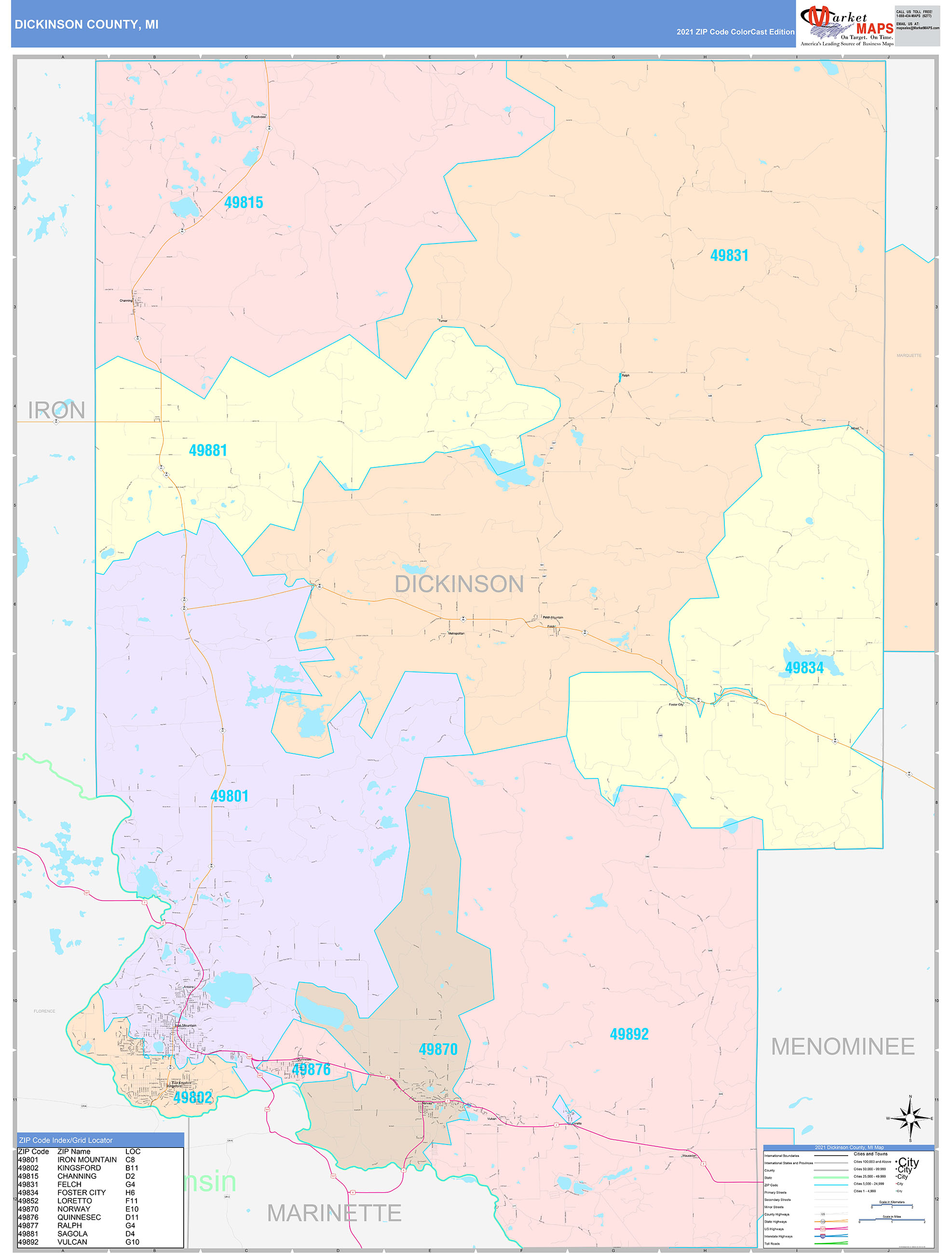 Dickinson County, MI Wall Map Color Cast Style by MarketMAPS MapSales