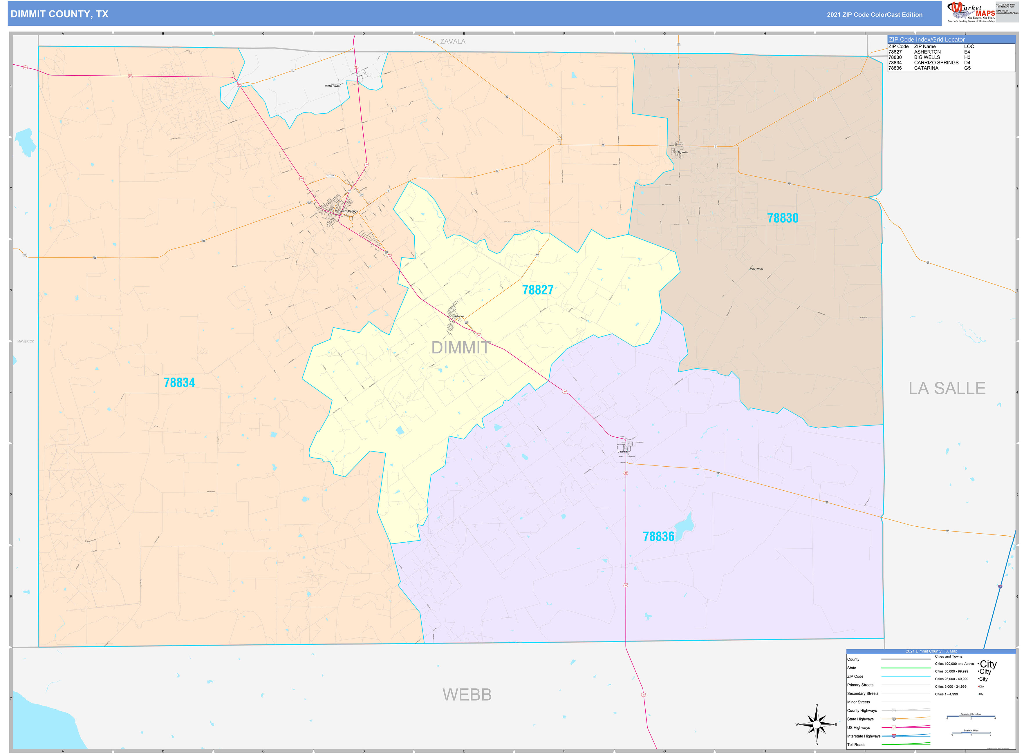 Dimmit County, TX Wall Map Color Cast Style by MarketMAPS MapSales