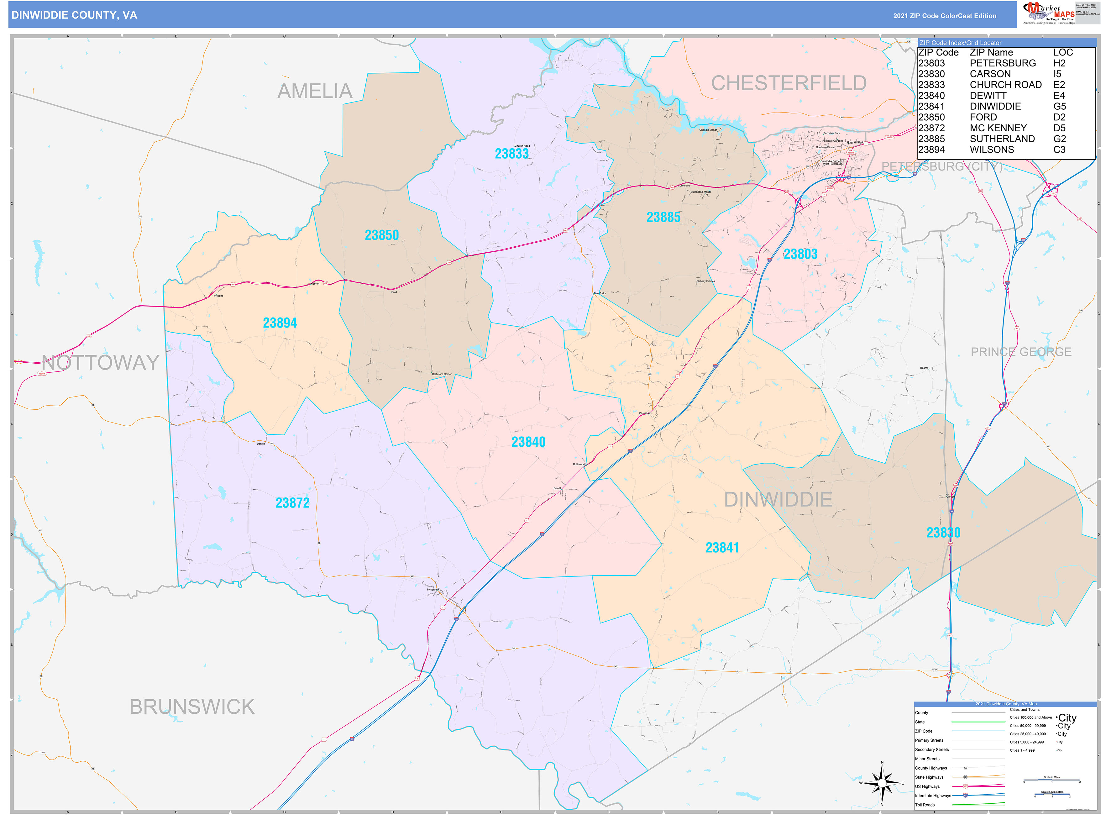 Dinwiddie County, VA Wall Map Color Cast Style by MarketMAPS