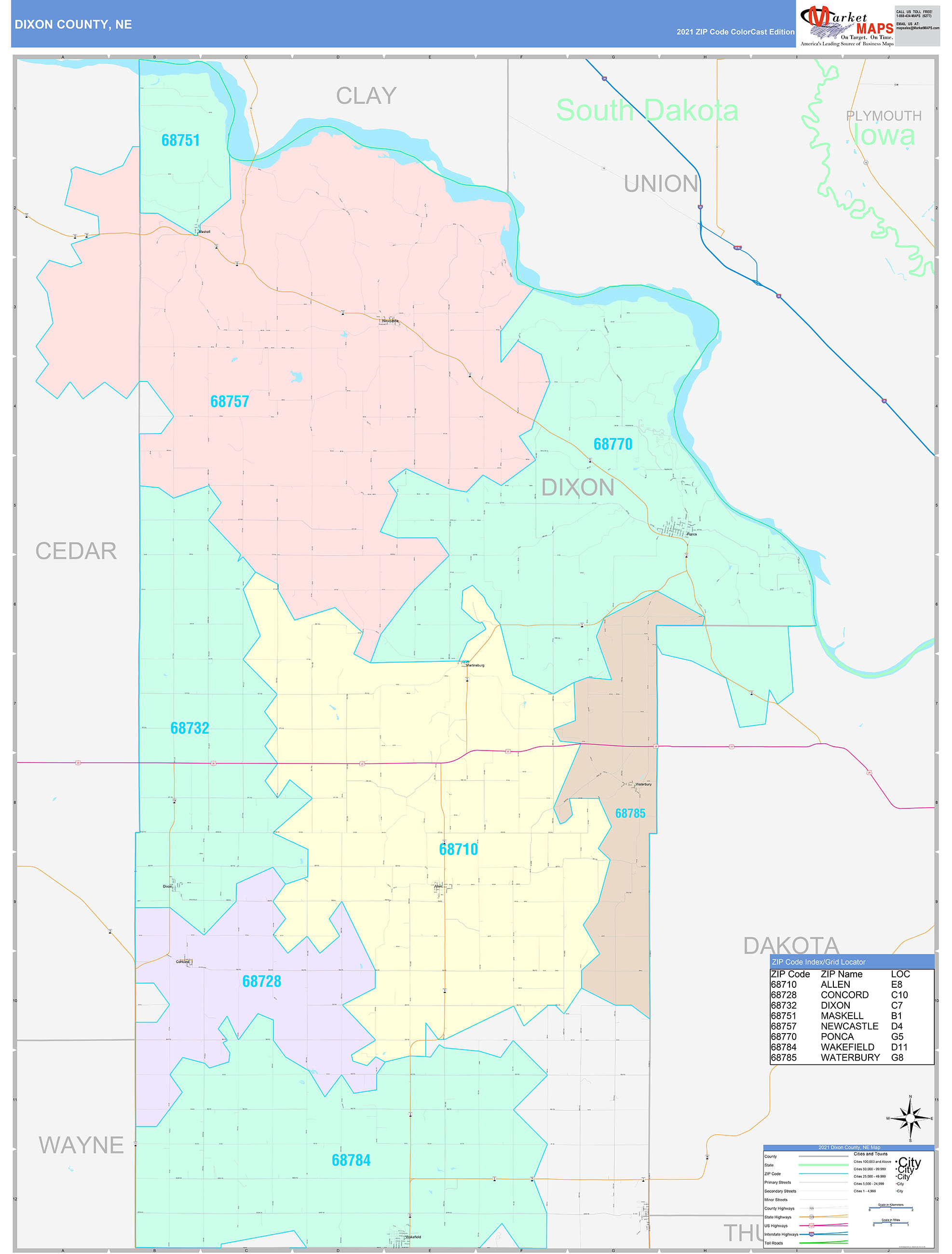 Dixon County, NE Wall Map Color Cast Style by MarketMAPS MapSales