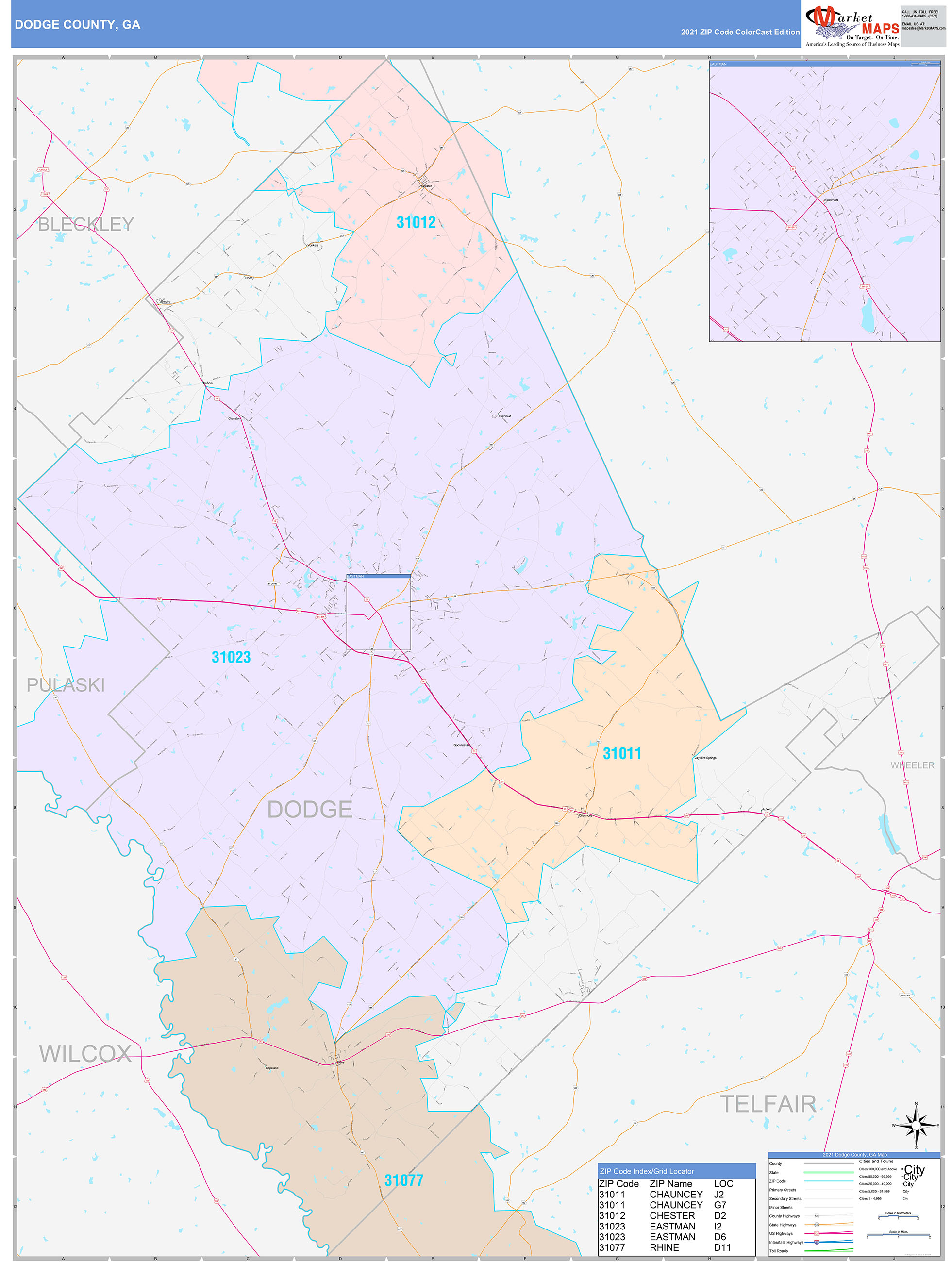 Dodge County, GA Wall Map Color Cast Style by MarketMAPS
