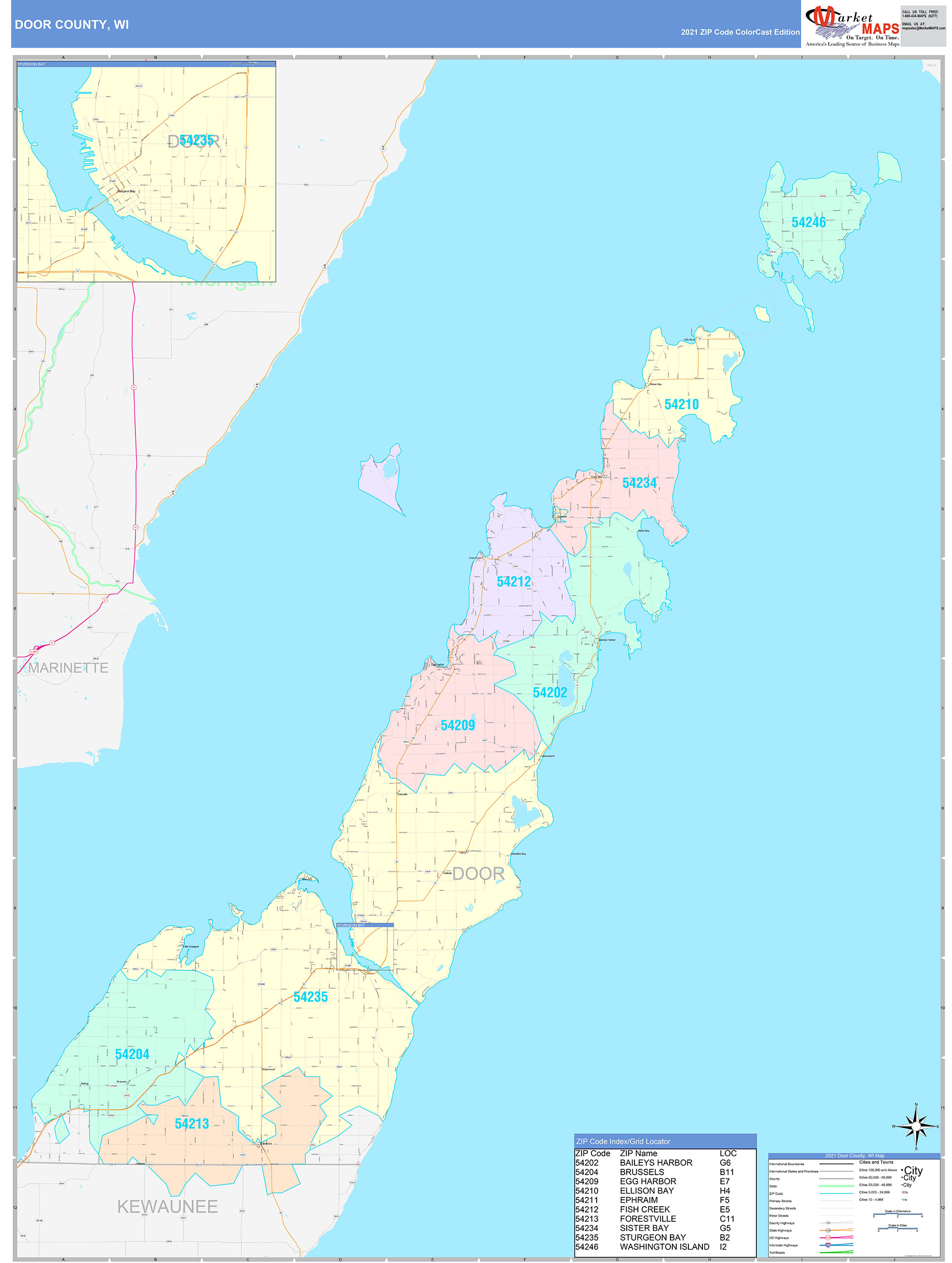 Door County, WI Wall Map Color Cast Style by MarketMAPS MapSales