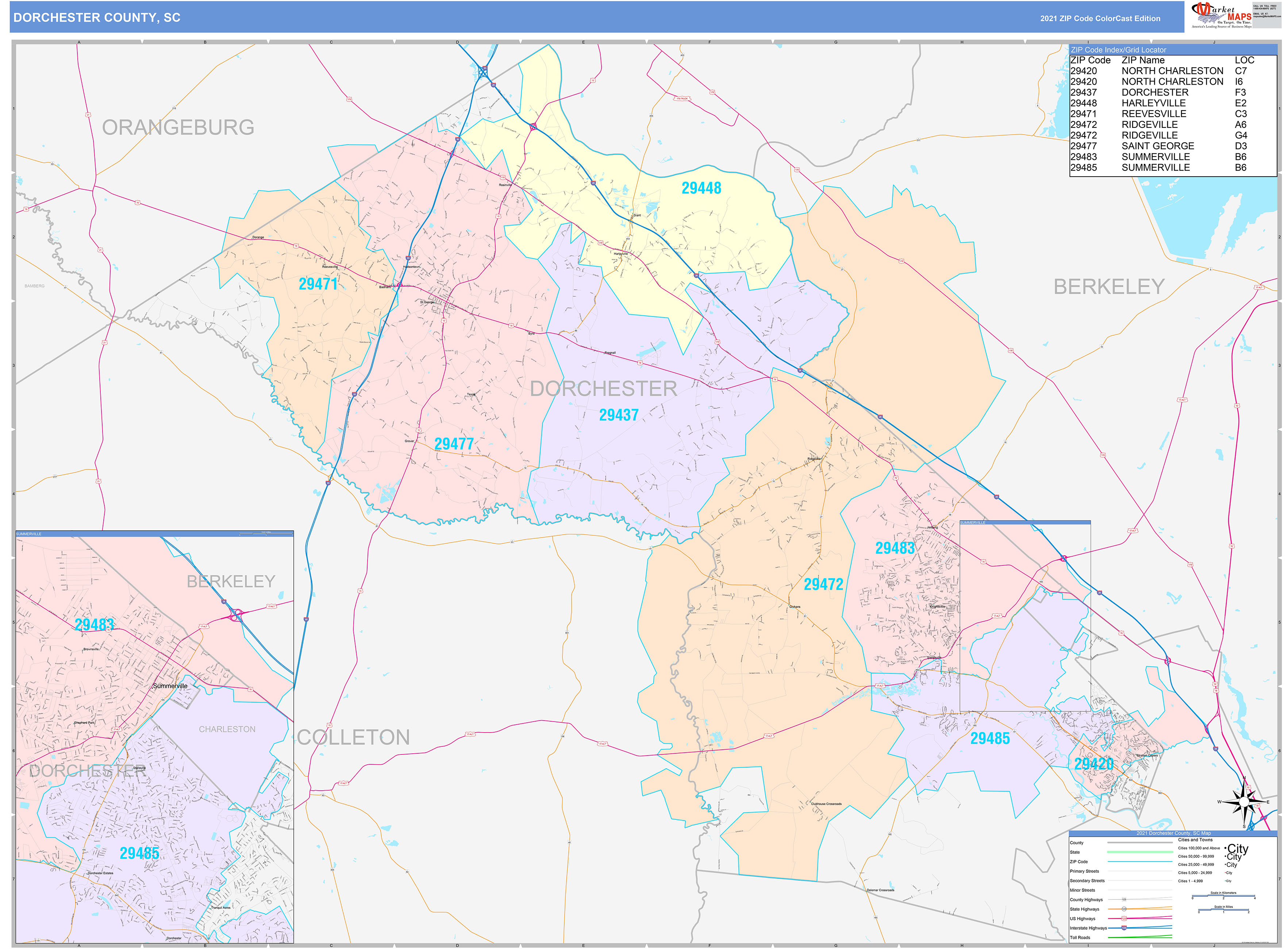 Dorchester County, SC Wall Map Color Cast Style by MarketMAPS