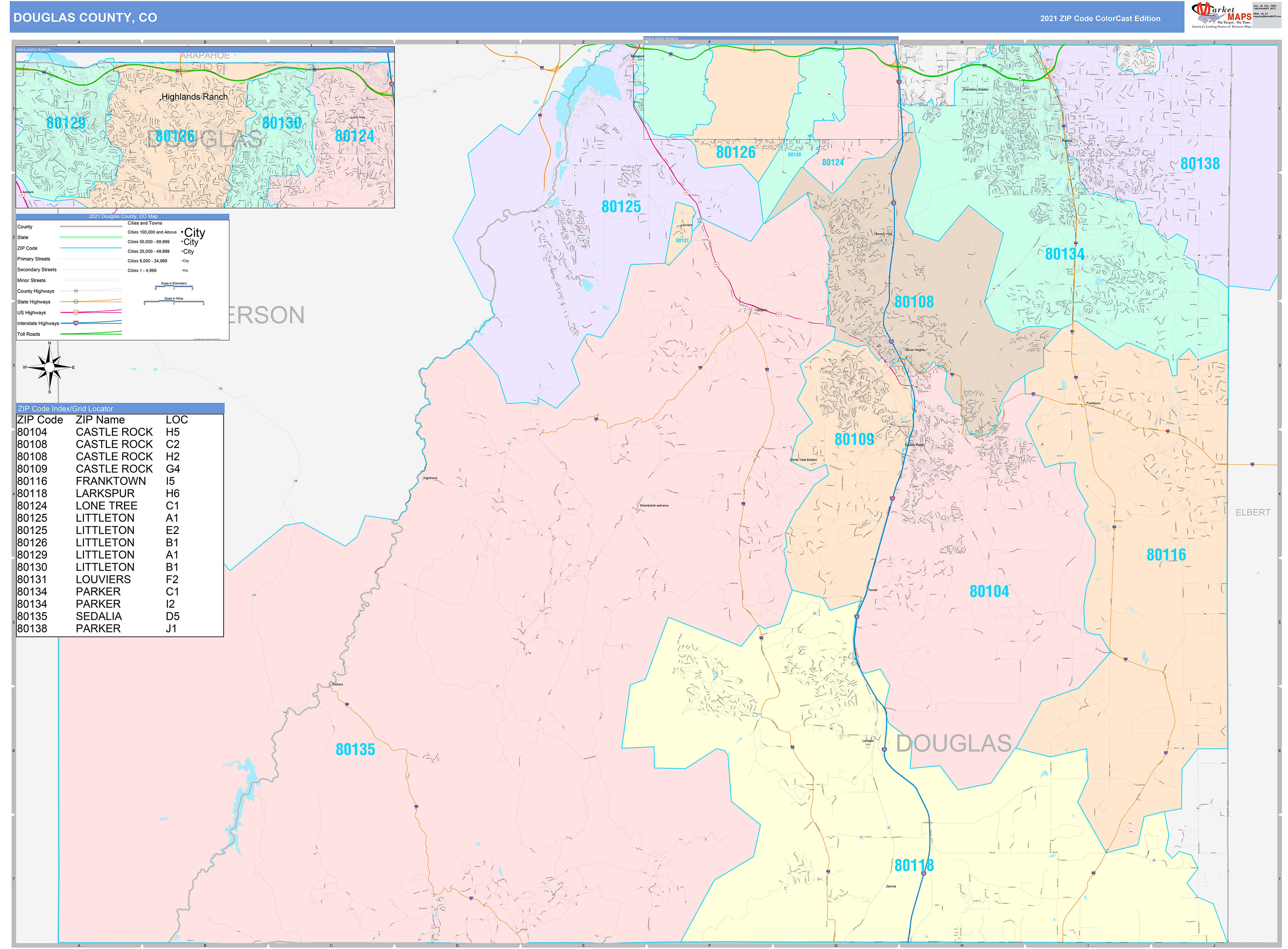 Douglas County Co Wall Map Color Cast Style By Marketmaps