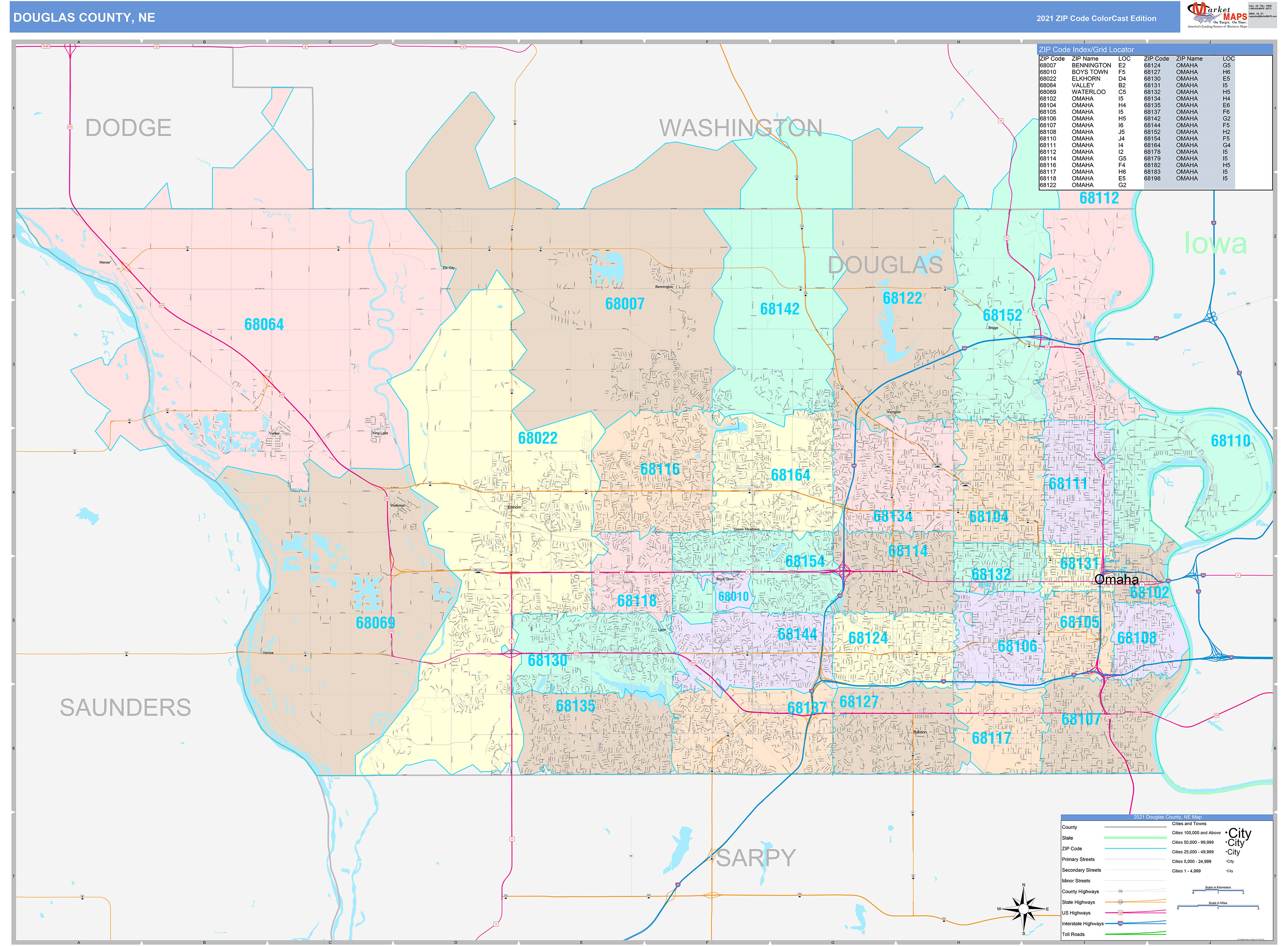 Douglas County, NE Wall Map Color Cast Style by MarketMAPS