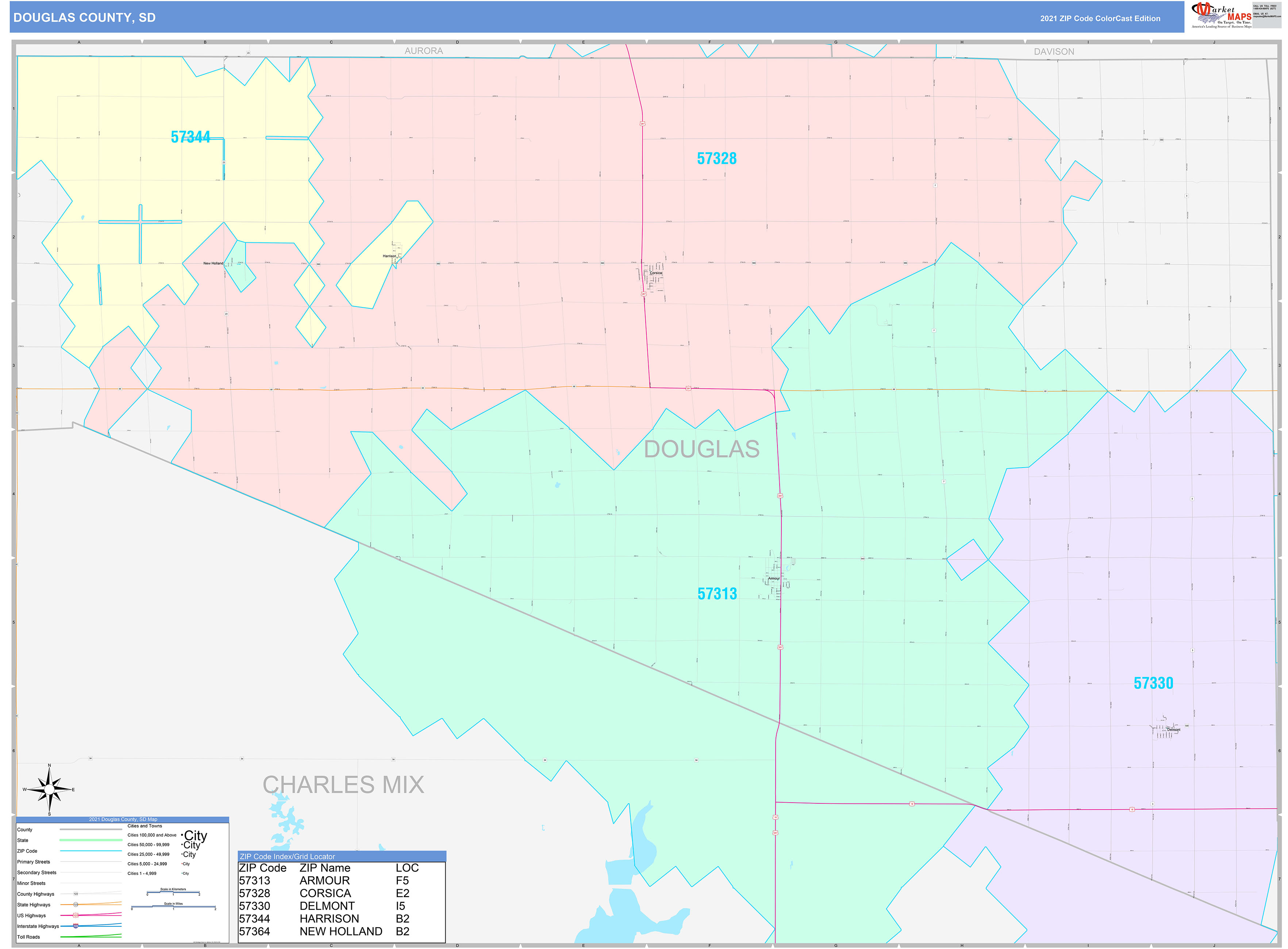 Douglas County, SD Wall Map Color Cast Style by MarketMAPS
