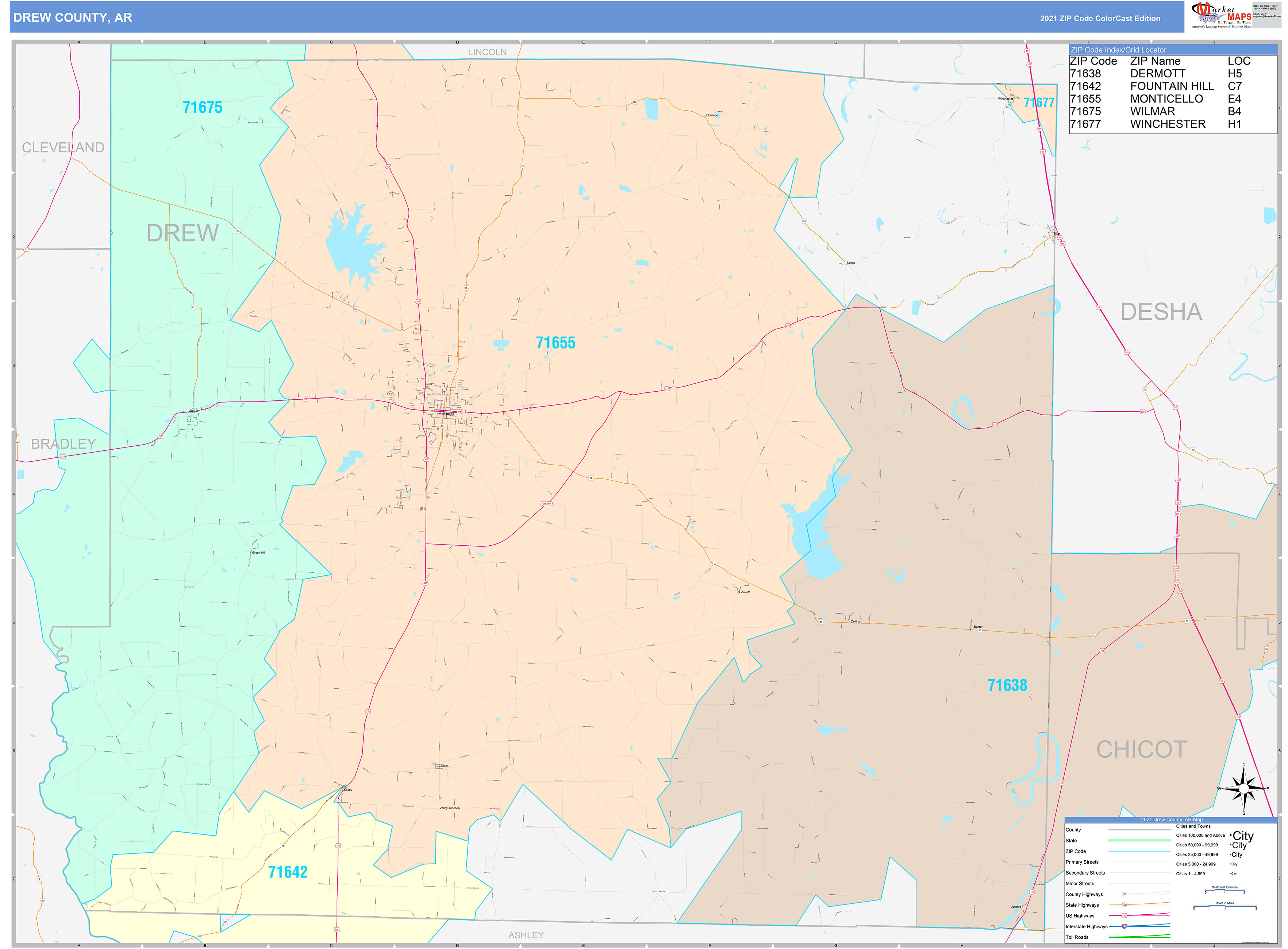 Drew County, AR Wall Map Color Cast Style by MarketMAPS