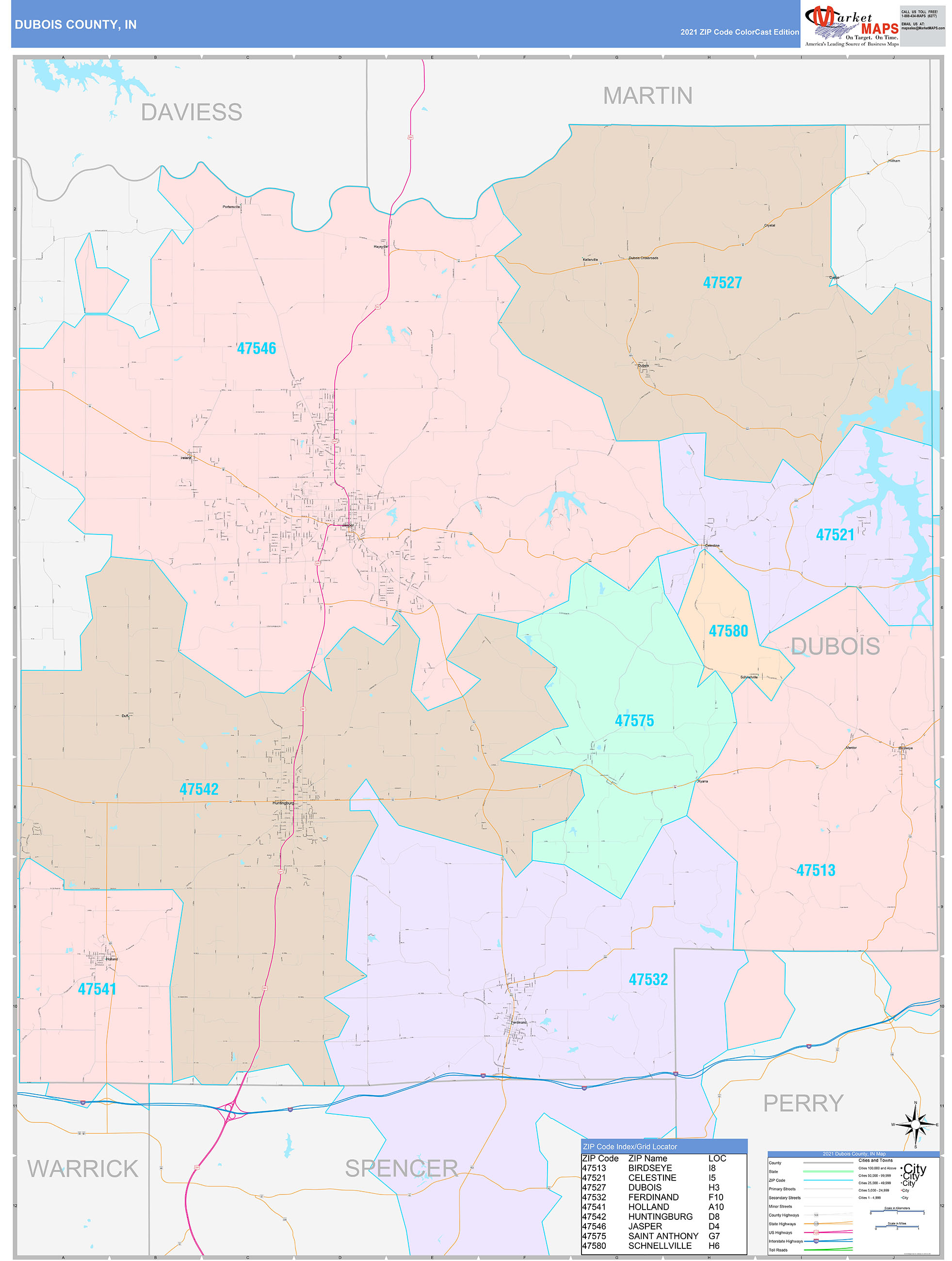 Dubois County, IN Wall Map Color Cast Style by MarketMAPS